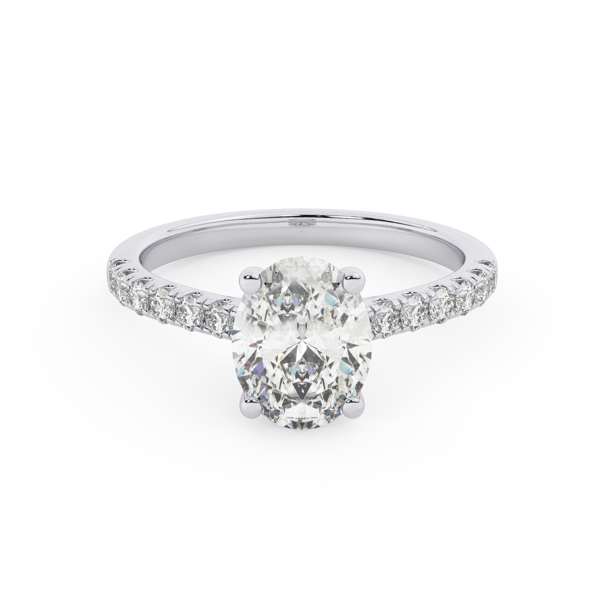 טבעת אירוסין סוליטר ויהלומים בצדדים דגם 50019 זהב לבן 14 קראט במרכז זירקוניה 2 קראט בחיתוך אובל מסביב ובצדדים זירקונים בחיתוך עגול – תמונה 2