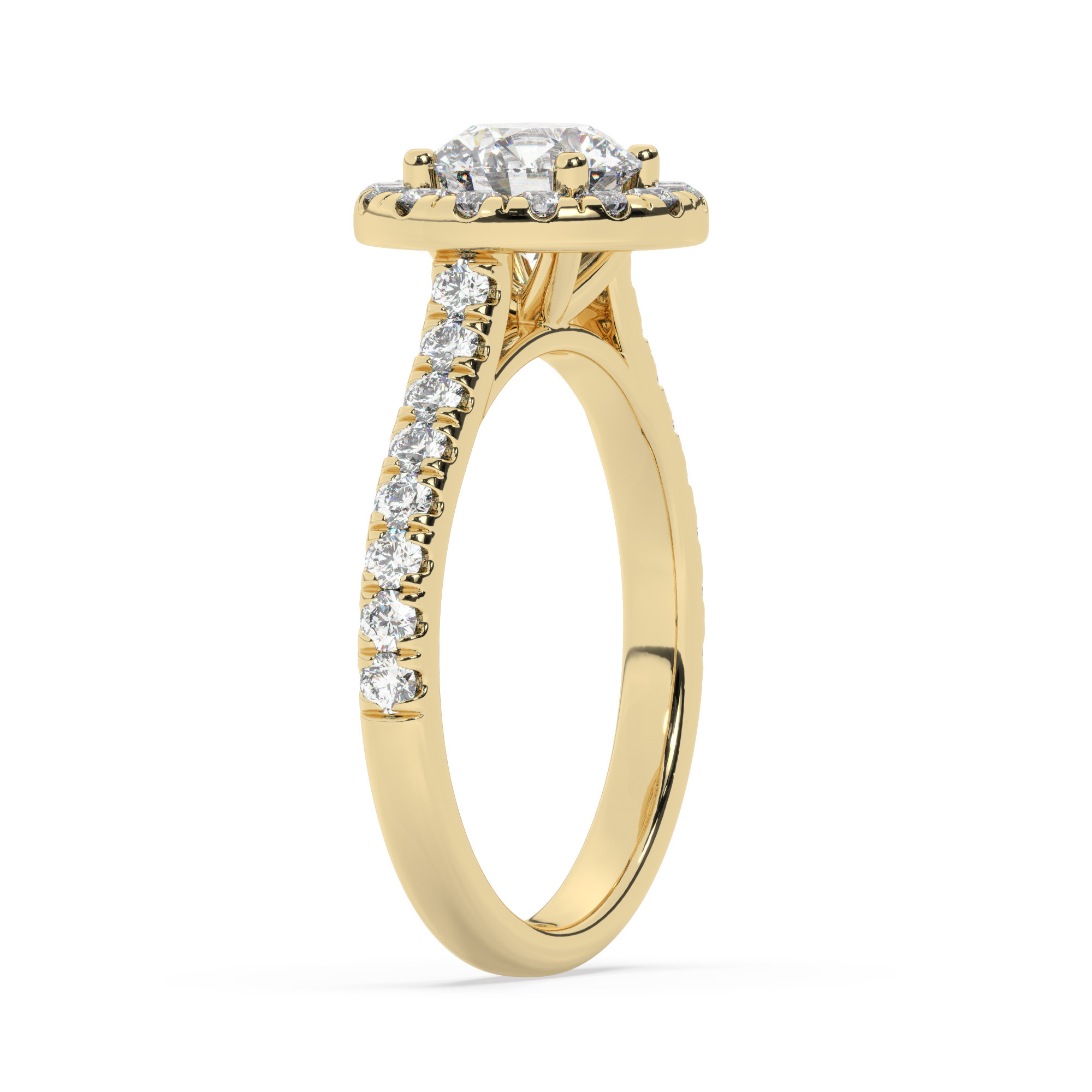 טבעת אירוסין היילו דגם 50026 כסף מצופה זהב צהוב במרכז זירקוניה 1 קראט בחיתוך עגול מסביב ובצדדים זירקונים בחיתוך עגול – תמונה 4