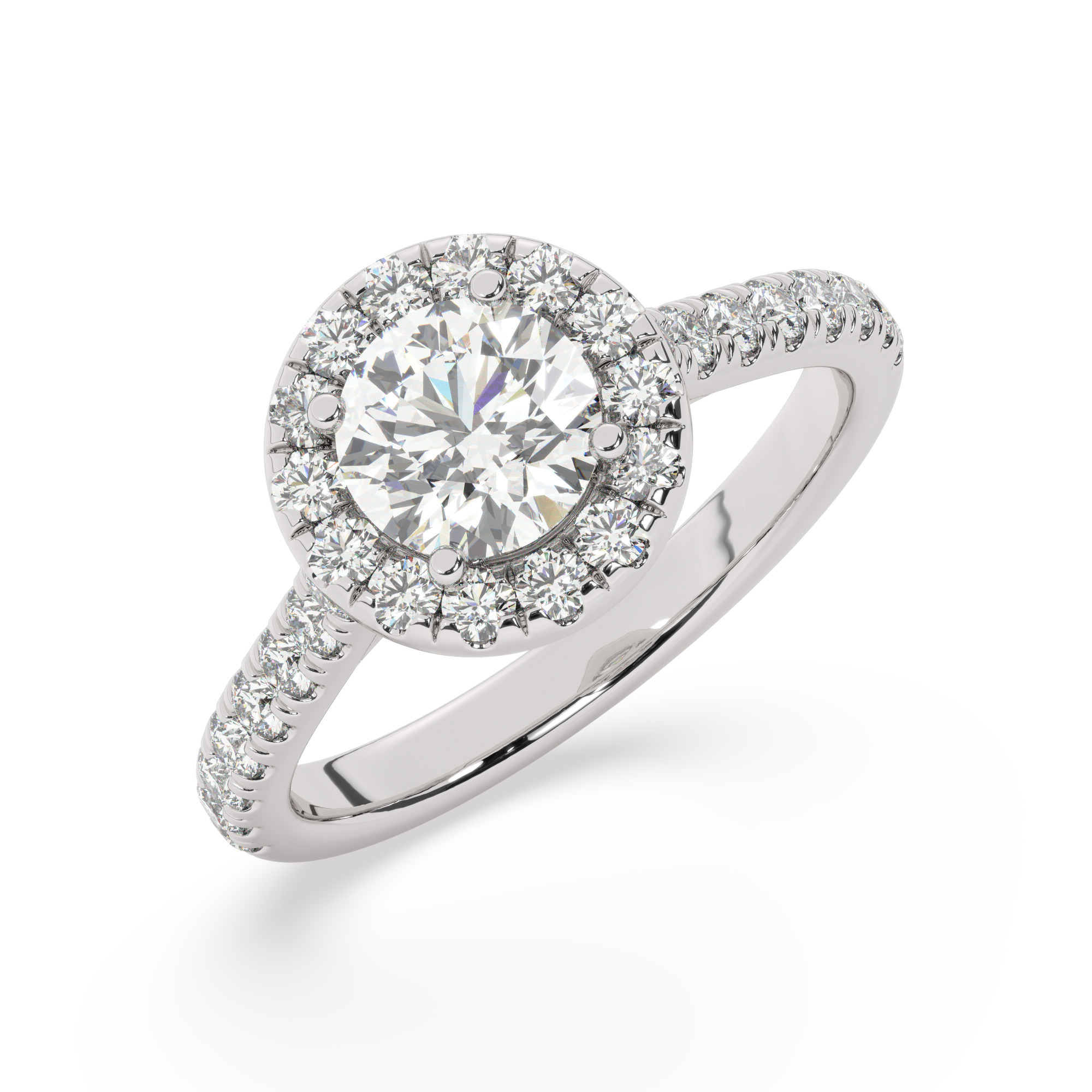 טבעת אירוסין היילו דגם 50026 זהב לבן 14 קראט במרכז זירקוניה 1 קראט בחיתוך עגול מסביב ובצדדים זירקונים בחיתוך עגול