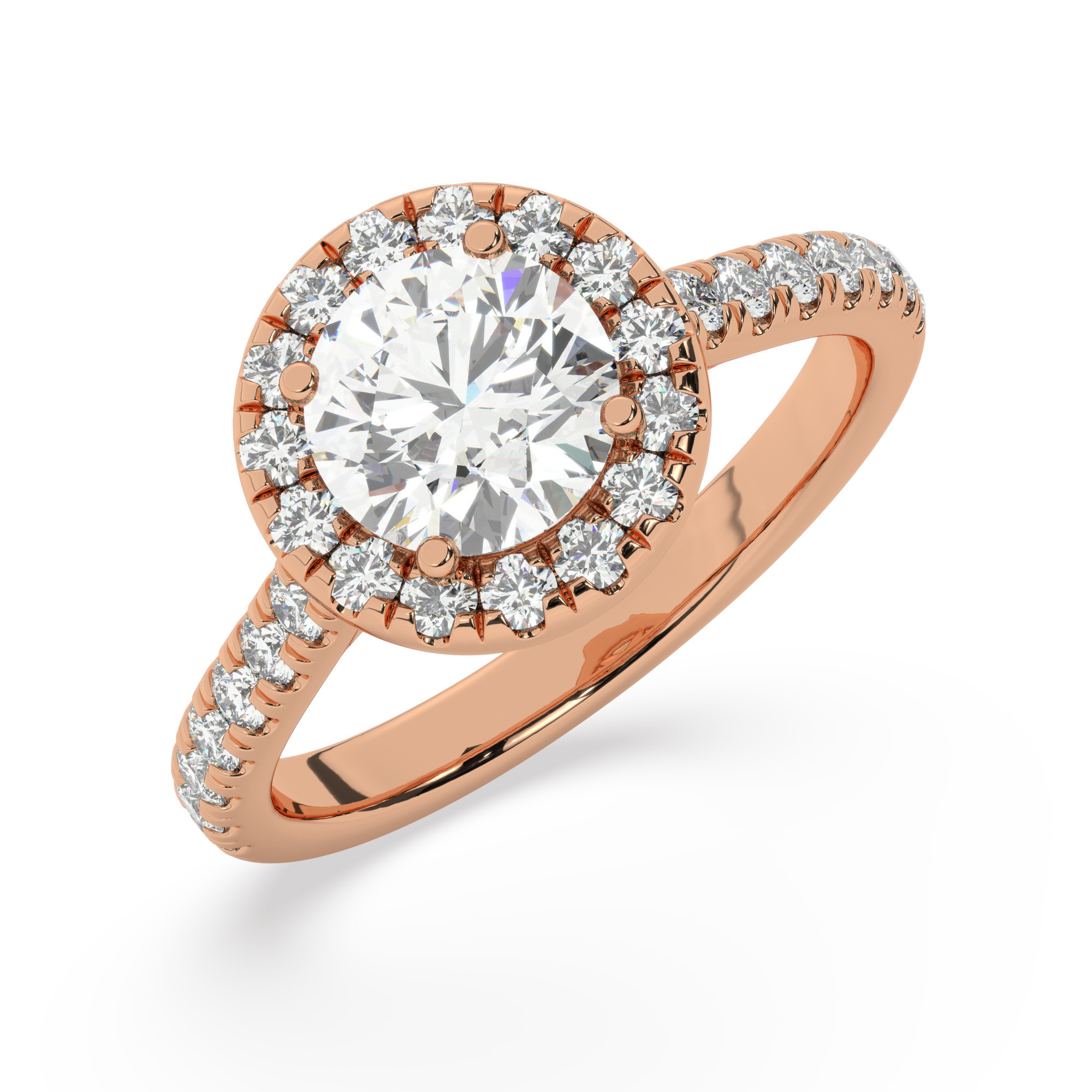 טבעת אירוסין היילו דגם 50026 זהב אדום רוזגולד 14 קראט במרכז זירקוניה 1.50 קראט בחיתוך עגול מסביב ובצדדים זירקונים בחיתוך עגול