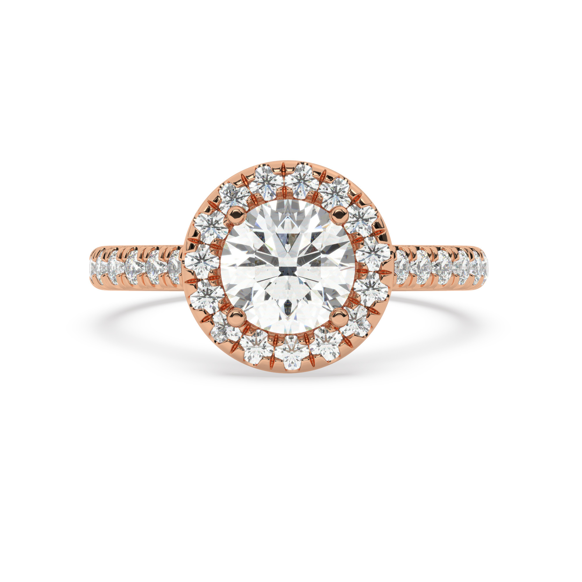 טבעת אירוסין היילו דגם 50026 זהב אדום רוזגולד 14 קראט במרכז זירקוניה 1.50 קראט בחיתוך עגול מסביב ובצדדים זירקונים בחיתוך עגול – תמונה 2