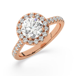 טבעת אירוסין היילו דגם 50026 כסף מצופה זהב אדום רוזגולד במרכז זירקוניה 1.50 קראט בחיתוך עגול מסביב ובצדדים זירקונים בחיתוך עגול