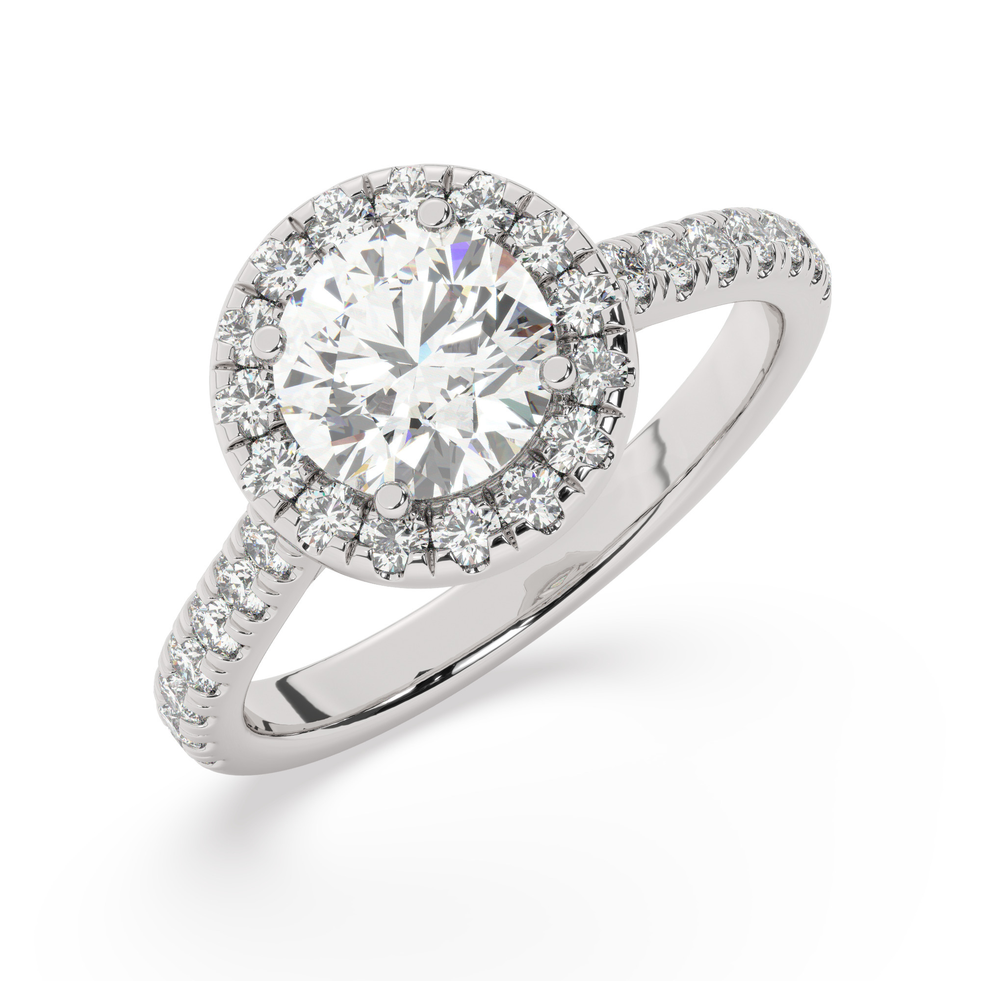 טבעת אירוסין היילו דגם 50026 זהב לבן 14 קראט במרכז זירקוניה 1.50 קראט בחיתוך עגול מסביב ובצדדים זירקונים בחיתוך עגול