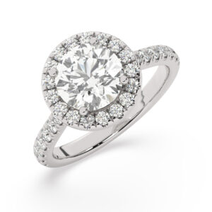 טבעת אירוסין היילו דגם 50026 כסף מצופה זהב לבן במרכז זירקוניה 2 קראט בחיתוך עגול מסביב ובצדדים זירקונים בחיתוך עגול