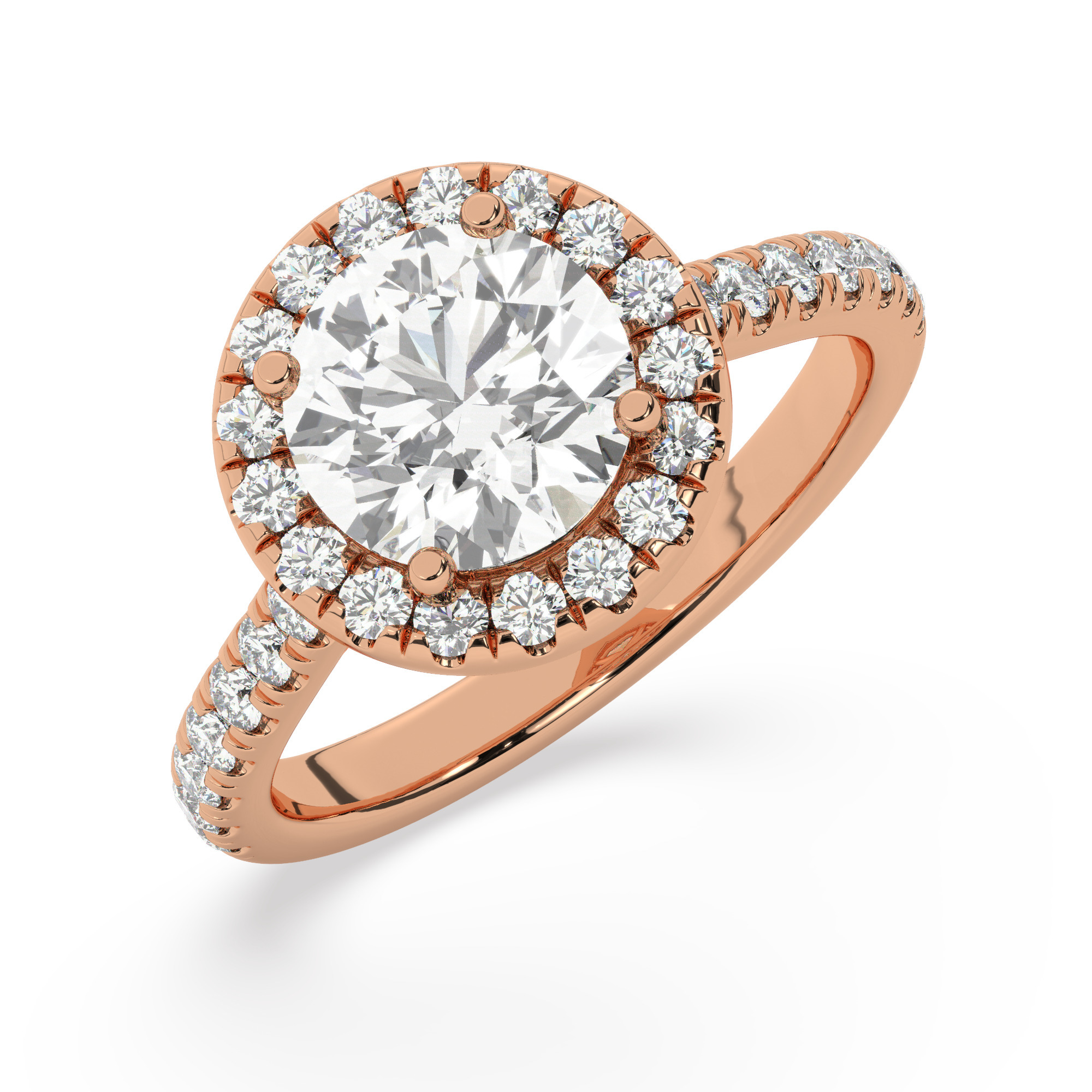 טבעת אירוסין היילו דגם 50026 כסף מצופה זהב אדום רוזגולד במרכז זירקוניה 2.50 קראט בחיתוך עגול מסביב ובצדדים זירקונים בחיתוך עגול