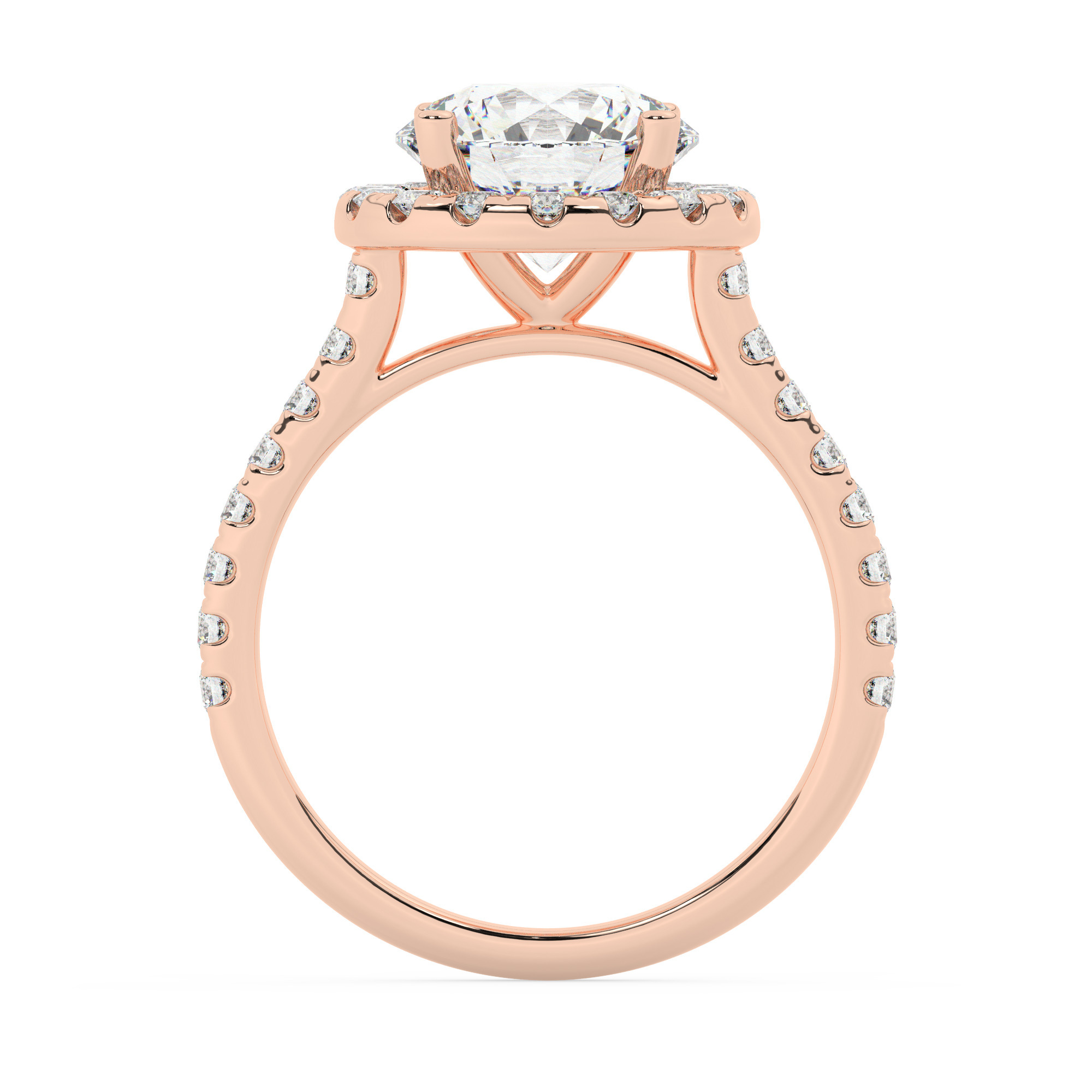 טבעת אירוסין היילו דגם 50026 זהב אדום רוזגולד 14 קראט במרכז זירקוניה 3 קראט בחיתוך עגול מסביב ובצדדים זירקונים בחיתוך עגול – תמונה 3