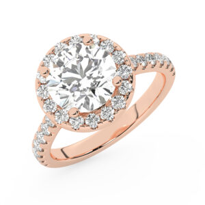 טבעת אירוסין היילו דגם 50026 כסף מצופה זהב אדום רוזגולד במרכז זירקוניה 4 קראט בחיתוך עגול מסביב ובצדדים זירקונים בחיתוך עגול