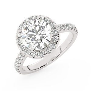 טבעת אירוסין היילו דגם 50026 כסף מצופה זהב לבן במרכז זירקוניה 5 קראט בחיתוך עגול מסביב ובצדדים זירקונים בחיתוך עגול