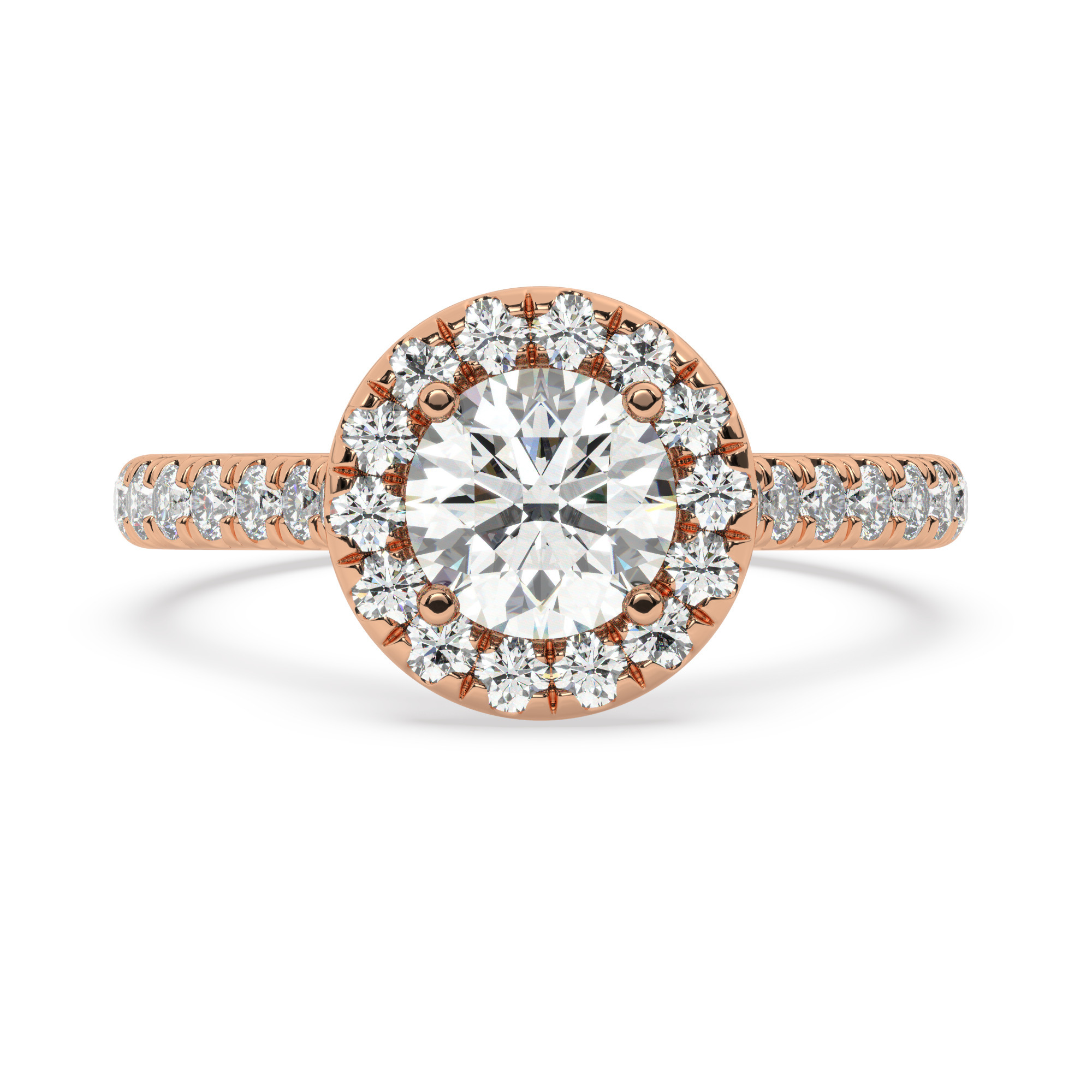 טבעת אירוסין היילו דגם 50026 כסף מצופה זהב אדום רוזגולד במרכז זירקוניה 0.75 קראט בחיתוך עגול מסביב ובצדדים זירקונים בחיתוך עגול – תמונה 2