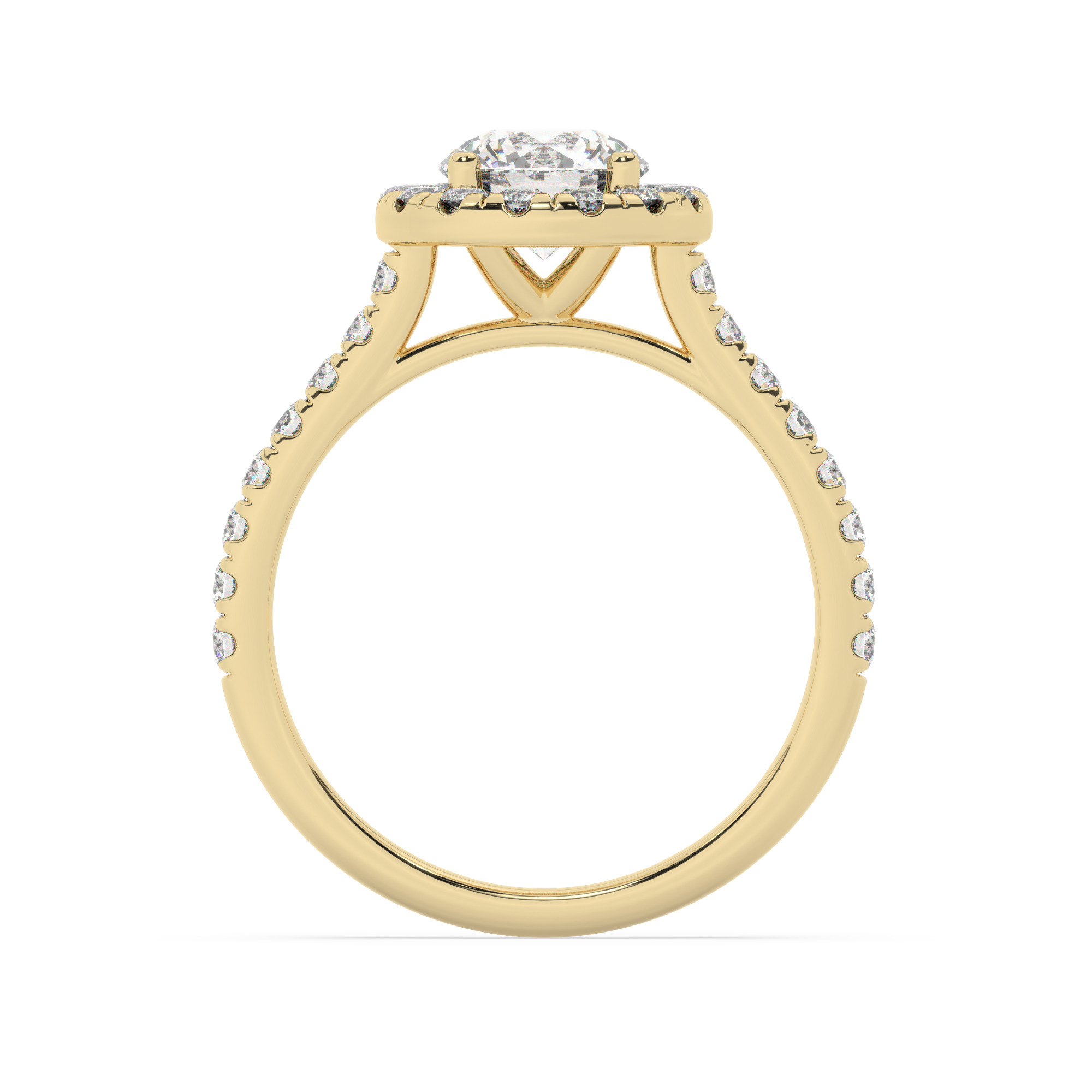 טבעת אירוסין היילו דגם 50026 כסף מצופה זהב צהוב במרכז זירקוניה 0.75 קראט בחיתוך עגול מסביב ובצדדים זירקונים בחיתוך עגול – תמונה 3