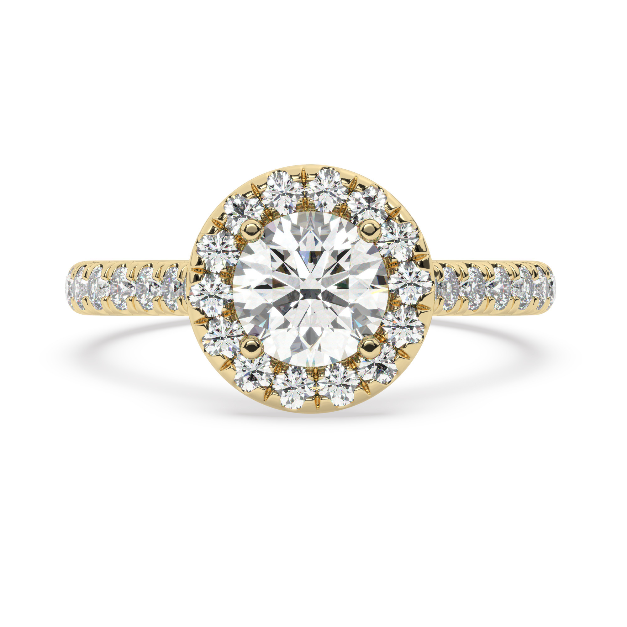 טבעת אירוסין היילו דגם 50026 כסף מצופה זהב צהוב במרכז זירקוניה 0.75 קראט בחיתוך עגול מסביב ובצדדים זירקונים בחיתוך עגול – תמונה 2