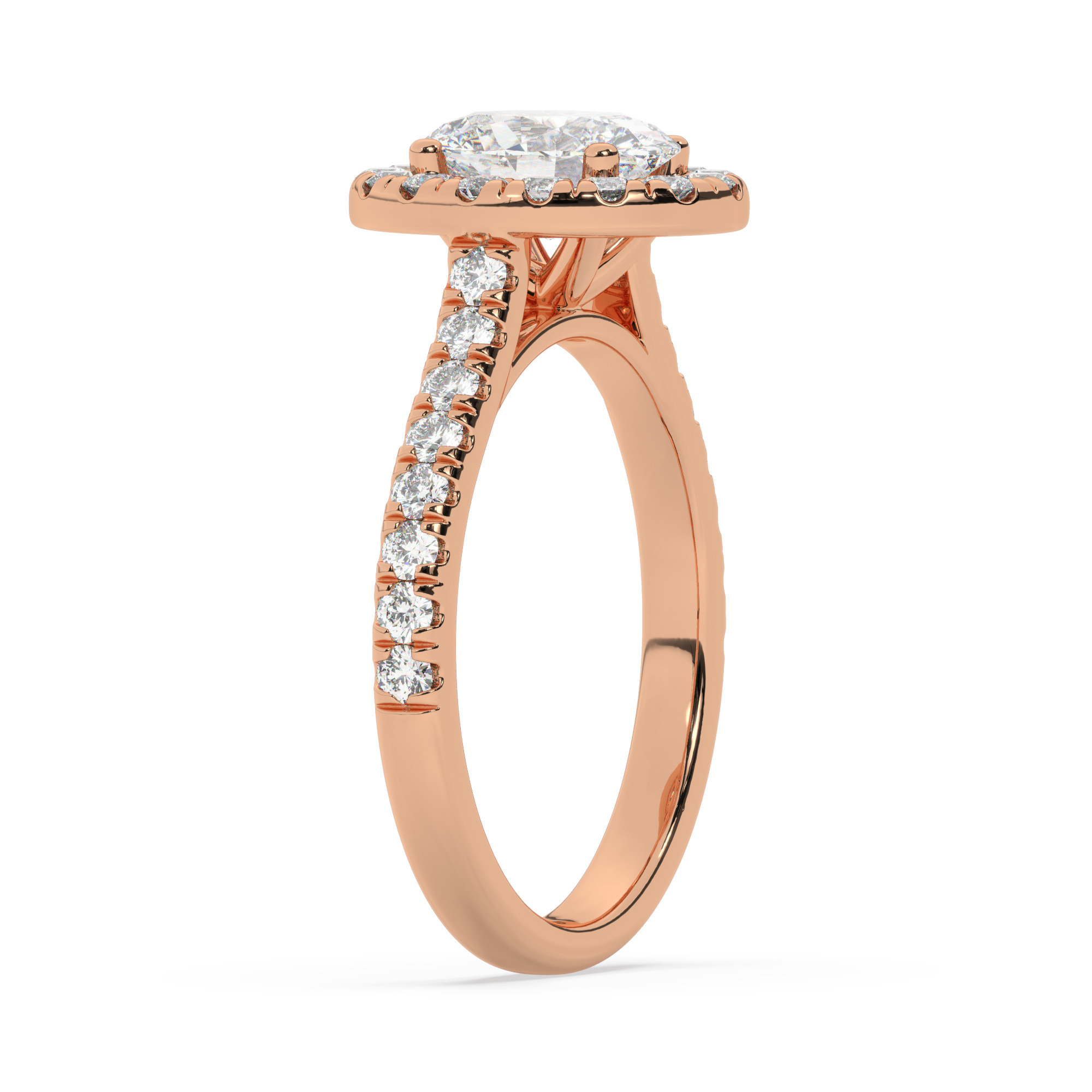 טבעת אירוסין היילו דגם 50026 כסף מצופה זהב אדום רוזגולד במרכז זירקוניה 1 קראט בחיתוך אובל מסביב ובצדדים זירקונים בחיתוך עגול – תמונה 3