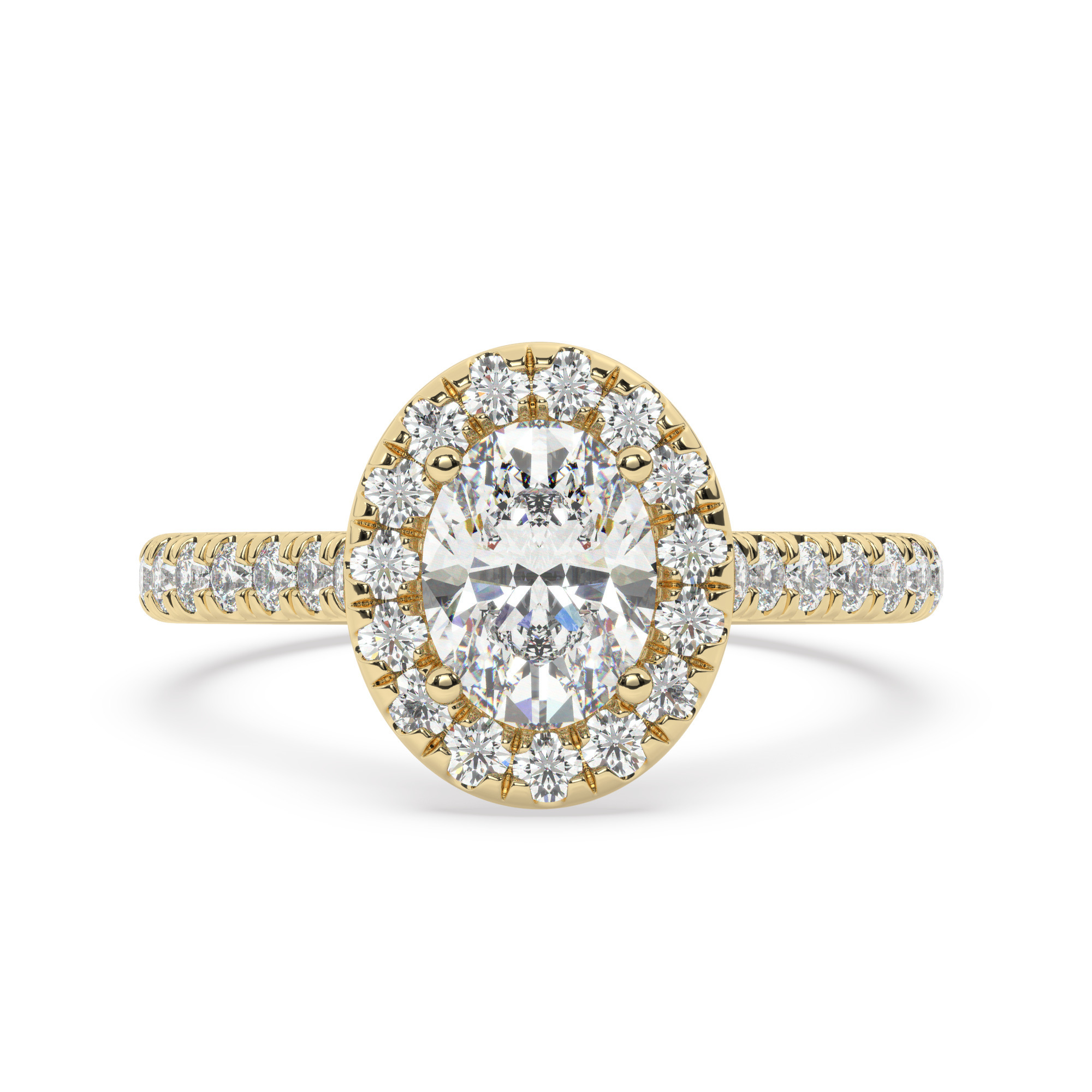 טבעת אירוסין היילו דגם 50026 כסף מצופה זהב צהוב במרכז זירקוניה 1 קראט בחיתוך אובל מסביב ובצדדים זירקונים בחיתוך עגול – תמונה 2