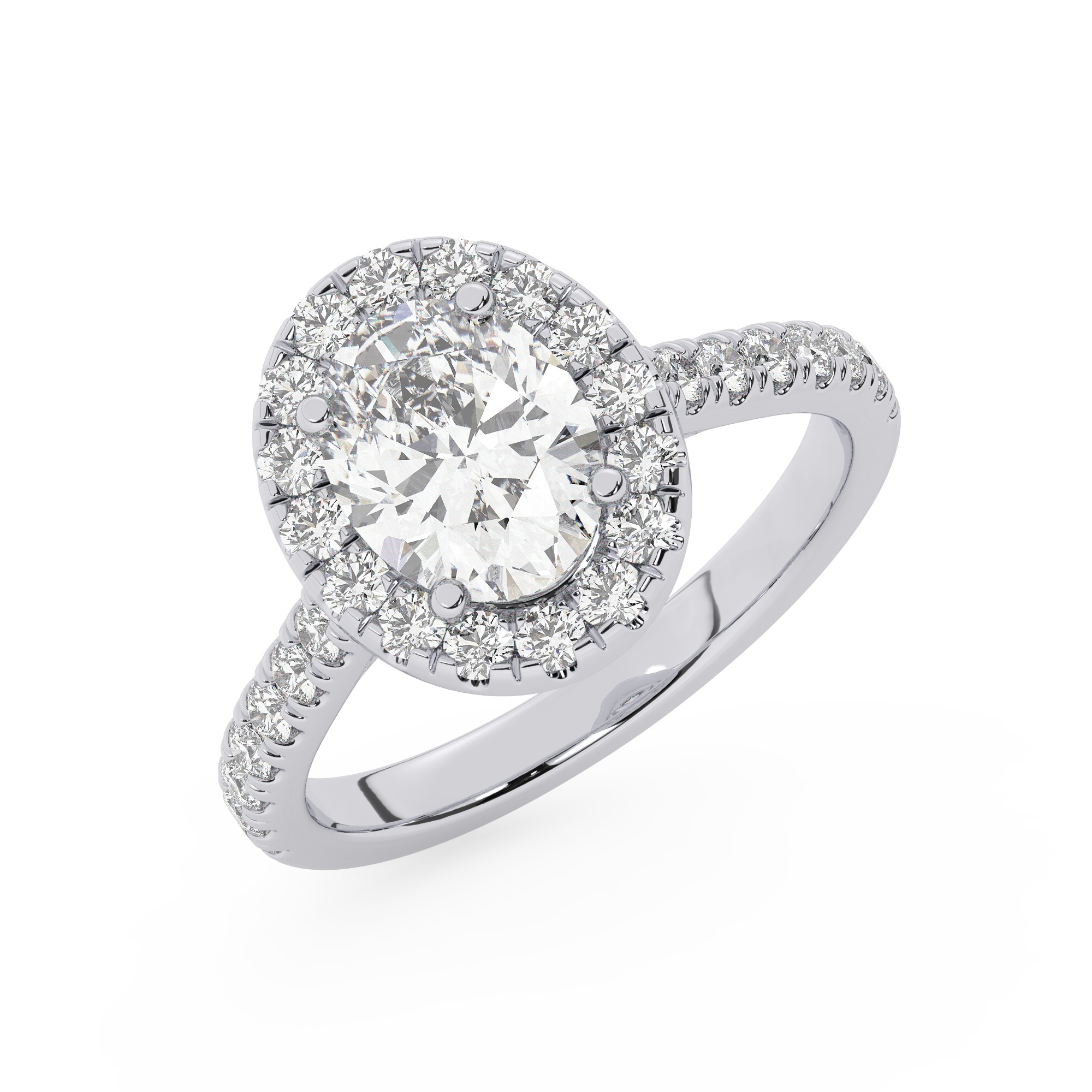 טבעת אירוסין היילו דגם 50026 זהב לבן 14 קראט במרכז זירקוניה 2.50 קראט בחיתוך אובל מסביב ובצדדים זירקונים בחיתוך עגול