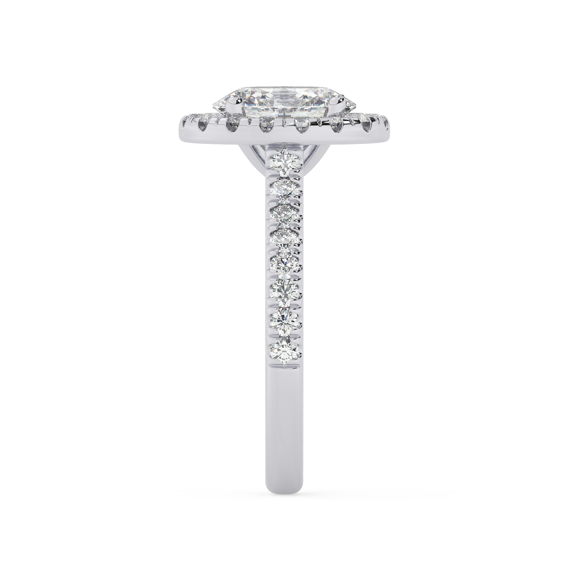 טבעת אירוסין היילו דגם 50026 זהב לבן 14 קראט במרכז זירקוניה 2.50 קראט בחיתוך אובל מסביב ובצדדים זירקונים בחיתוך עגול – תמונה 4