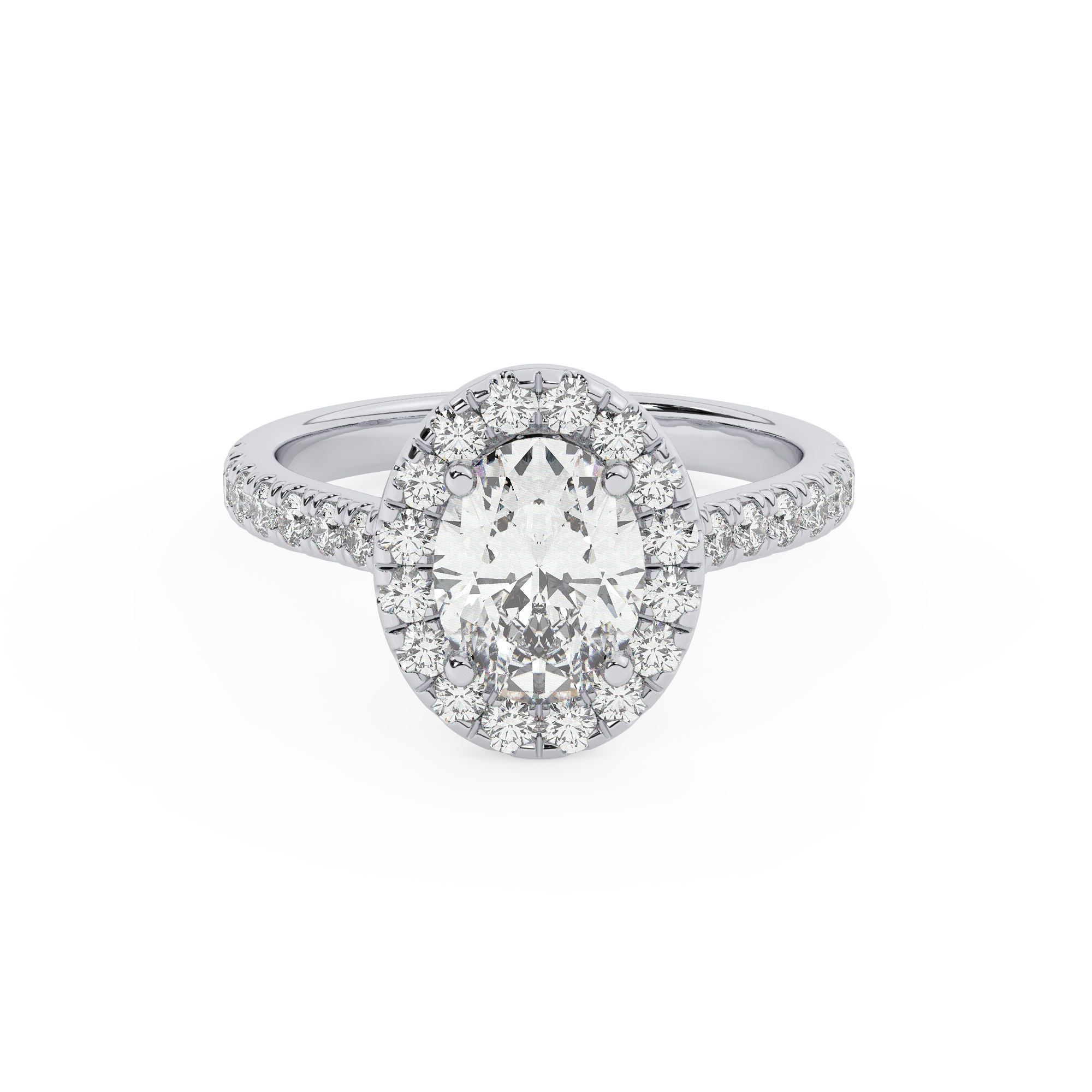 טבעת אירוסין היילו דגם 50026 זהב לבן 14 קראט במרכז זירקוניה 2.50 קראט בחיתוך אובל מסביב ובצדדים זירקונים בחיתוך עגול – תמונה 2