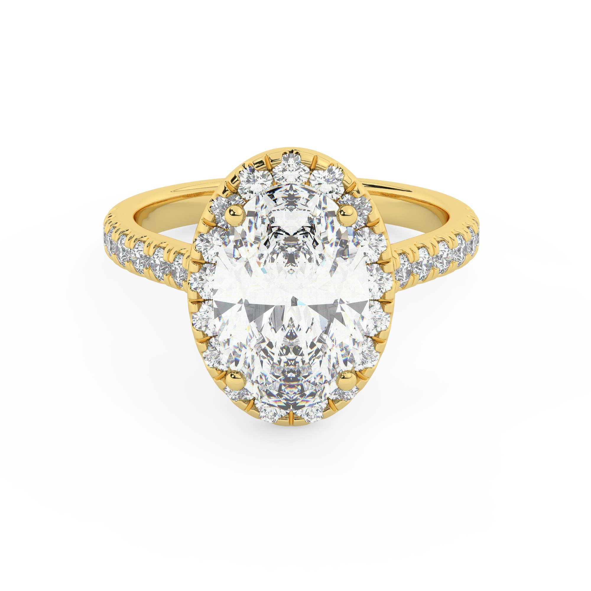 טבעת אירוסין היילו דגם 50026 זהב צהוב 14 קראט במרכז אבן מעבדה מוסונייט 3 קראט בחיתוך אובל עם תעודה גמולוגית בינלאומית GRA מסביב ובצדדים אבני מעבדה מוסונייט במשקל כולל של 0.66 קראט בחיתוך עגול – תמונה 2