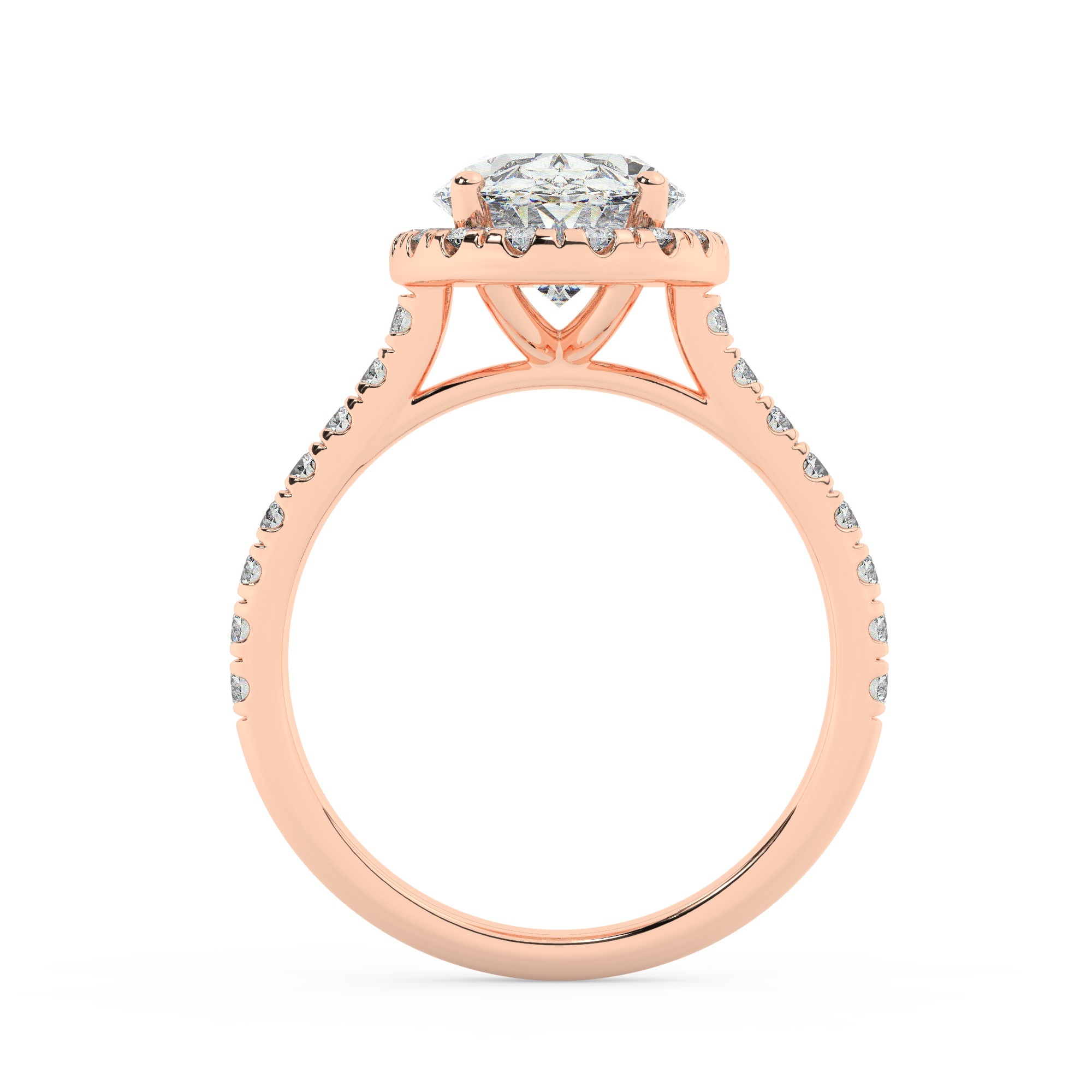 טבעת אירוסין היילו דגם 50026 כסף מצופה זהב אדום רוזגולד במרכז זירקוניה 4 קראט בחיתוך אובל מסביב ובצדדים זירקונים בחיתוך עגול – תמונה 3