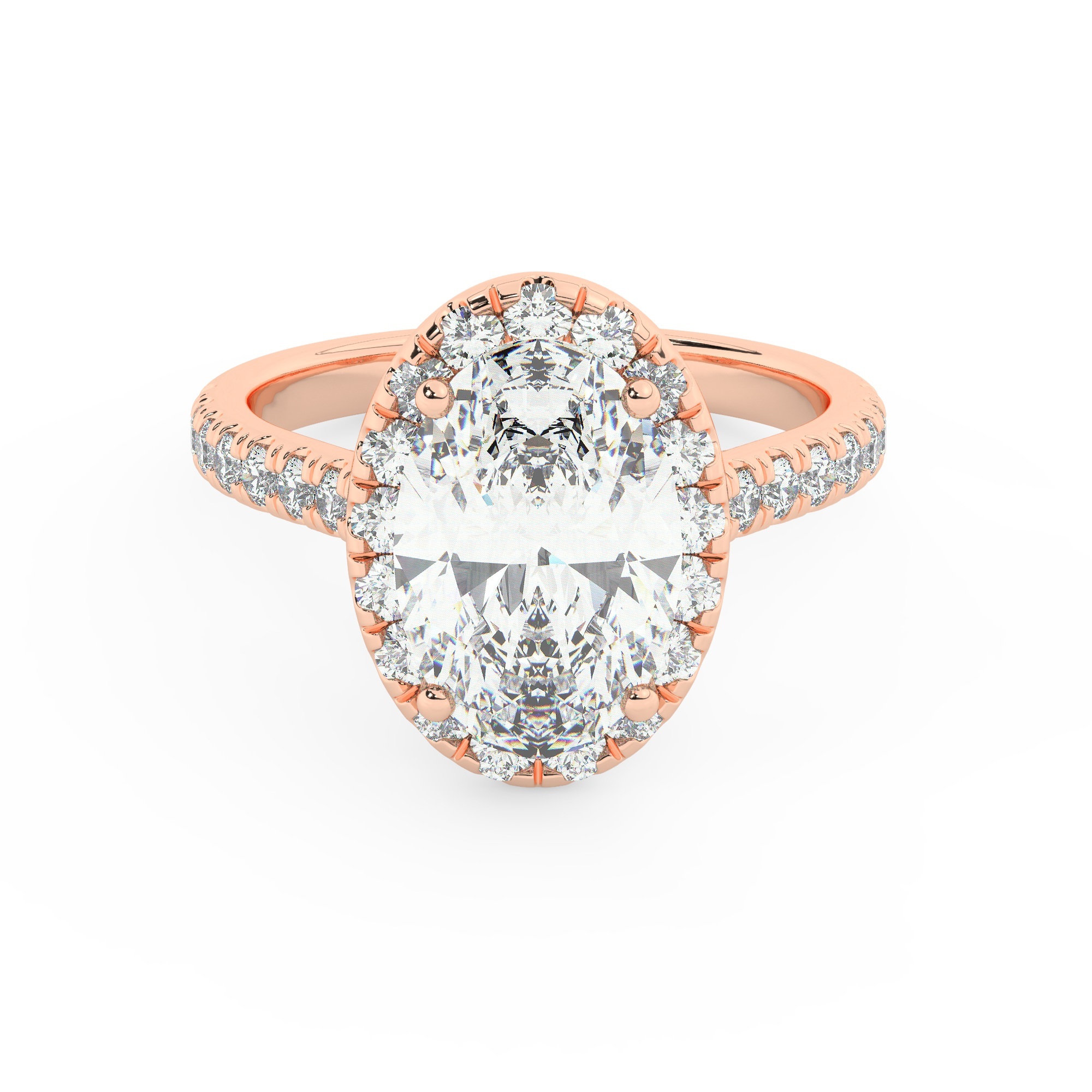 טבעת אירוסין היילו דגם 50026 כסף מצופה זהב אדום רוזגולד במרכז זירקוניה 4 קראט בחיתוך אובל מסביב ובצדדים זירקונים בחיתוך עגול – תמונה 2