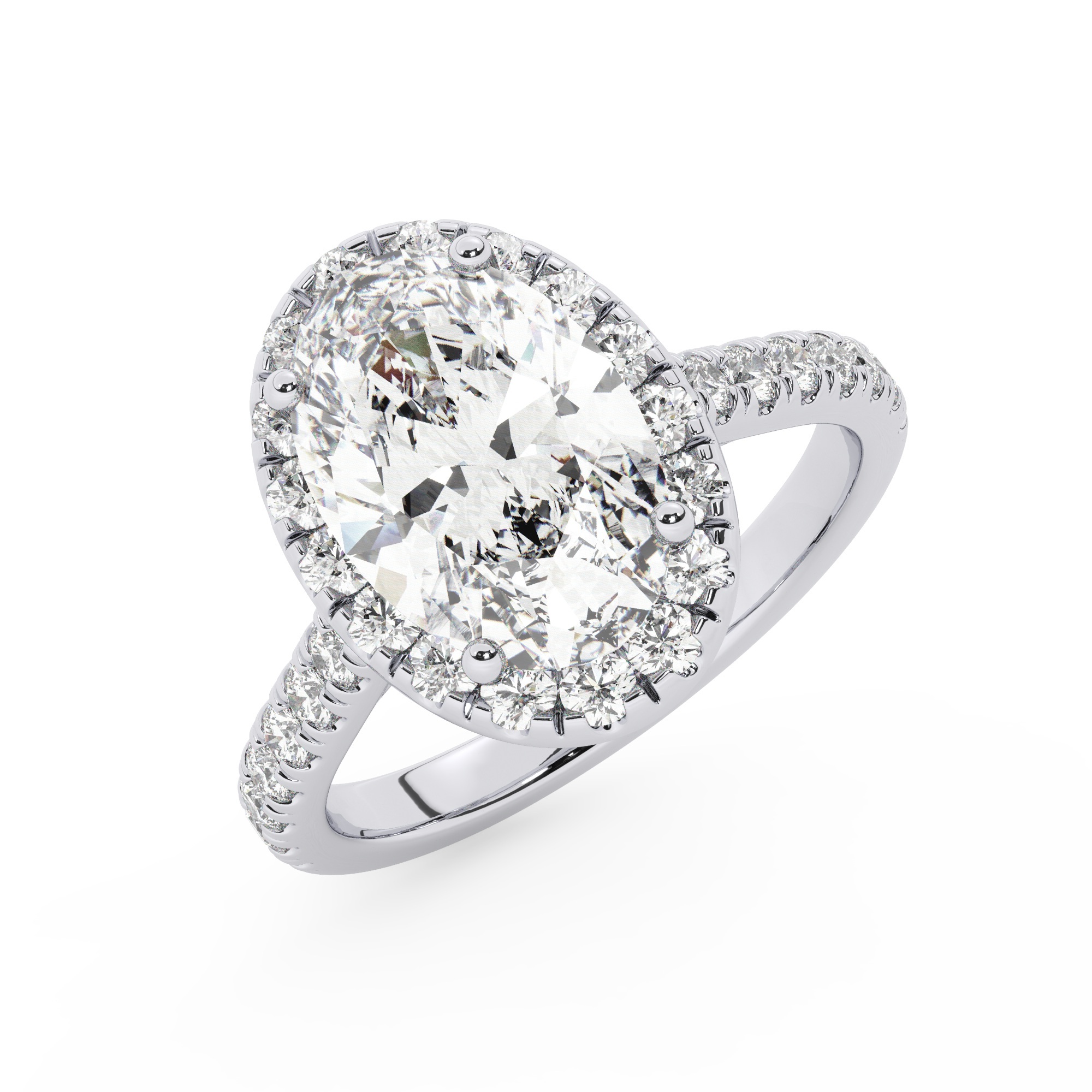 טבעת אירוסין היילו דגם 50026 זהב לבן 14 קראט במרכז זירקוניה 4 קראט בחיתוך אובל מסביב ובצדדים זירקונים בחיתוך עגול