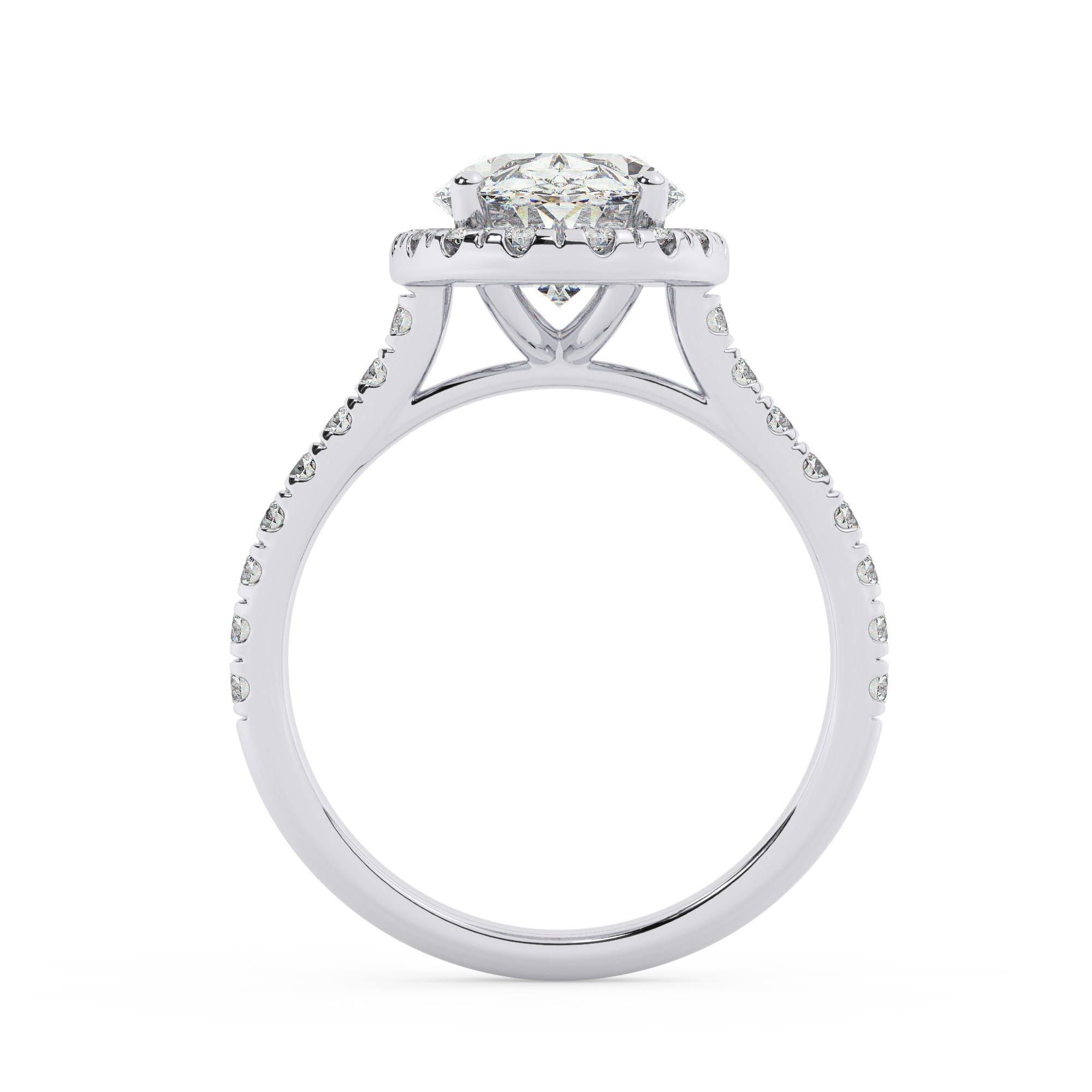 טבעת אירוסין היילו דגם 50026 זהב לבן 14 קראט במרכז זירקוניה 4 קראט בחיתוך אובל מסביב ובצדדים זירקונים בחיתוך עגול – תמונה 3