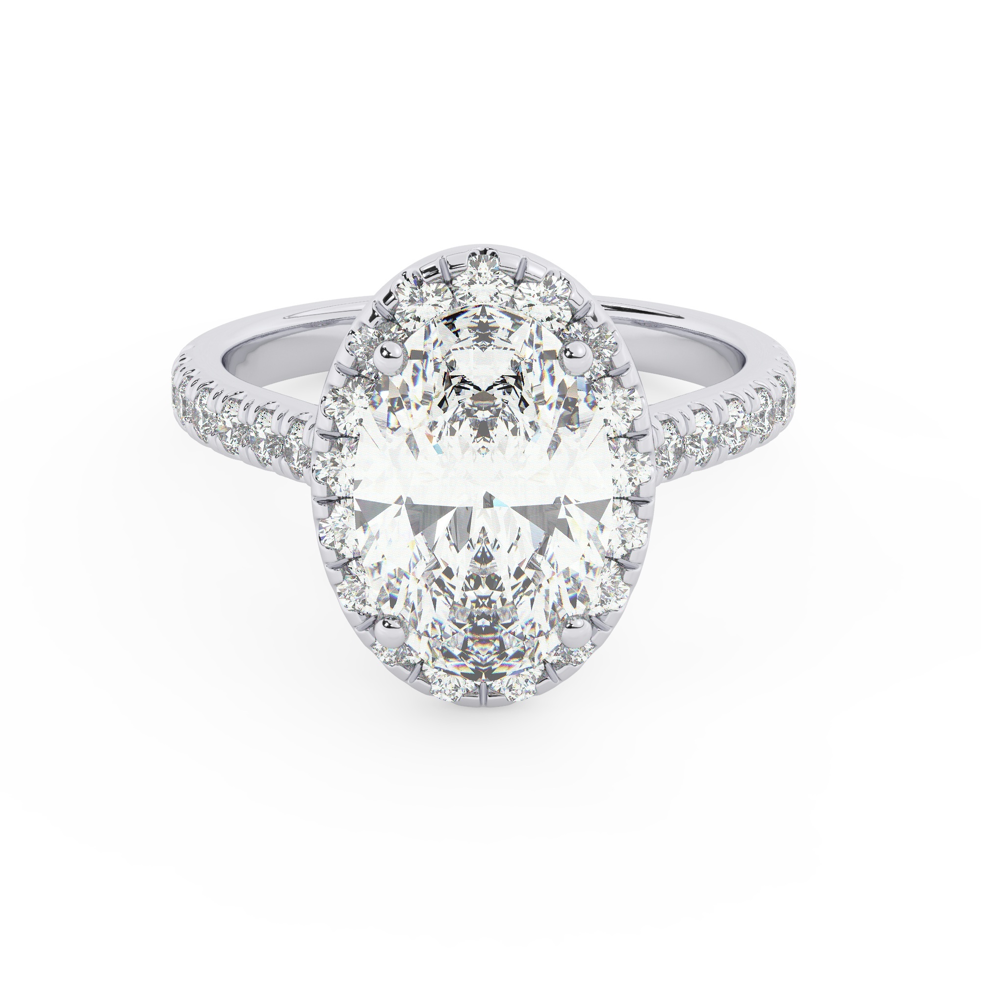 טבעת אירוסין היילו דגם 50026 זהב לבן 14 קראט במרכז זירקוניה 4 קראט בחיתוך אובל מסביב ובצדדים זירקונים בחיתוך עגול – תמונה 2