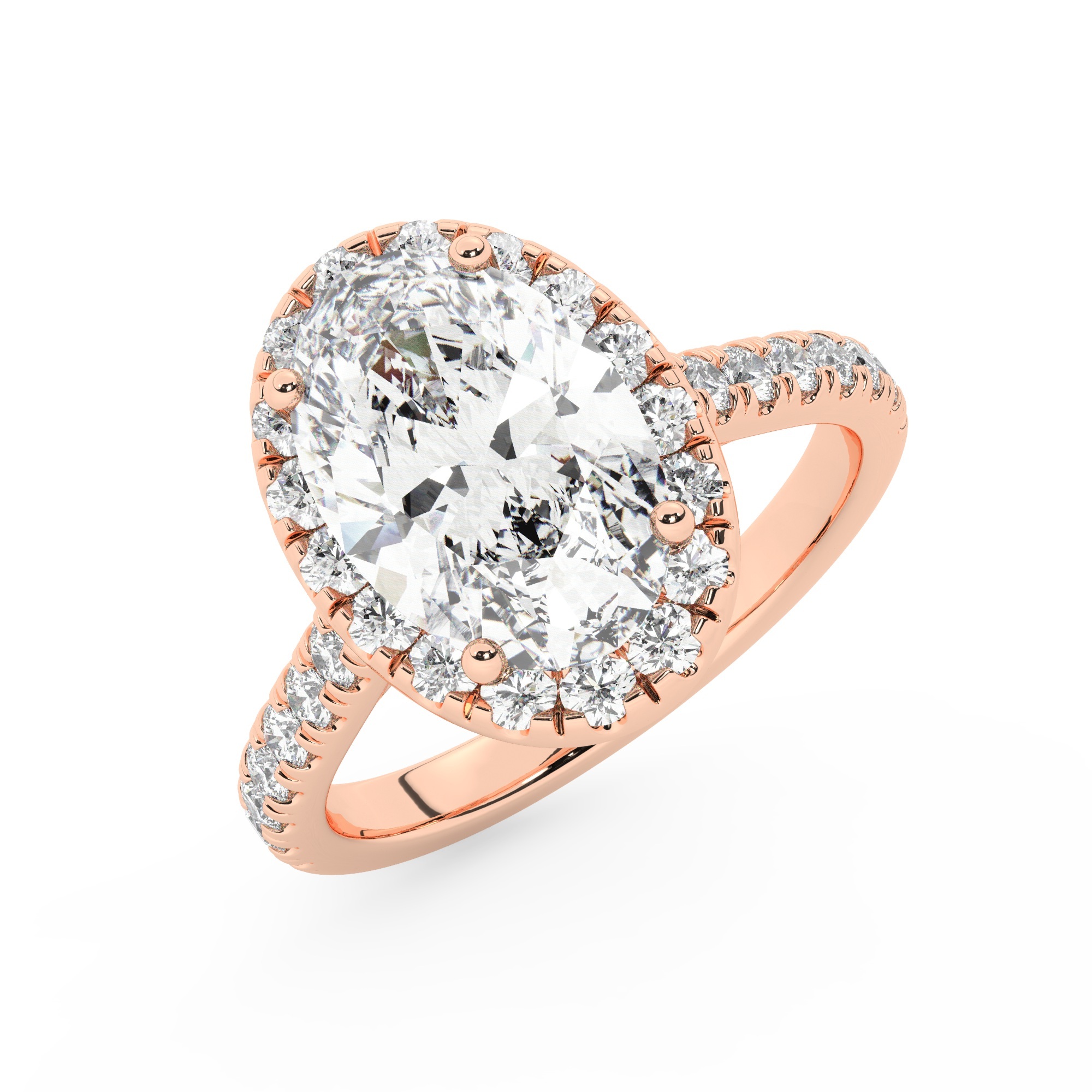 טבעת אירוסין היילו דגם 50026 זהב אדום רוזגולד 14 קראט במרכז זירקוניה 5 קראט בחיתוך אובל מסביב ובצדדים זירקונים בחיתוך עגול