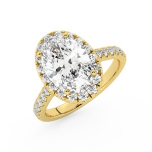 טבעת אירוסין היילו דגם 50026 כסף מצופה זהב צהוב במרכז זירקוניה 5 קראט בחיתוך אובל מסביב ובצדדים זירקונים בחיתוך עגול