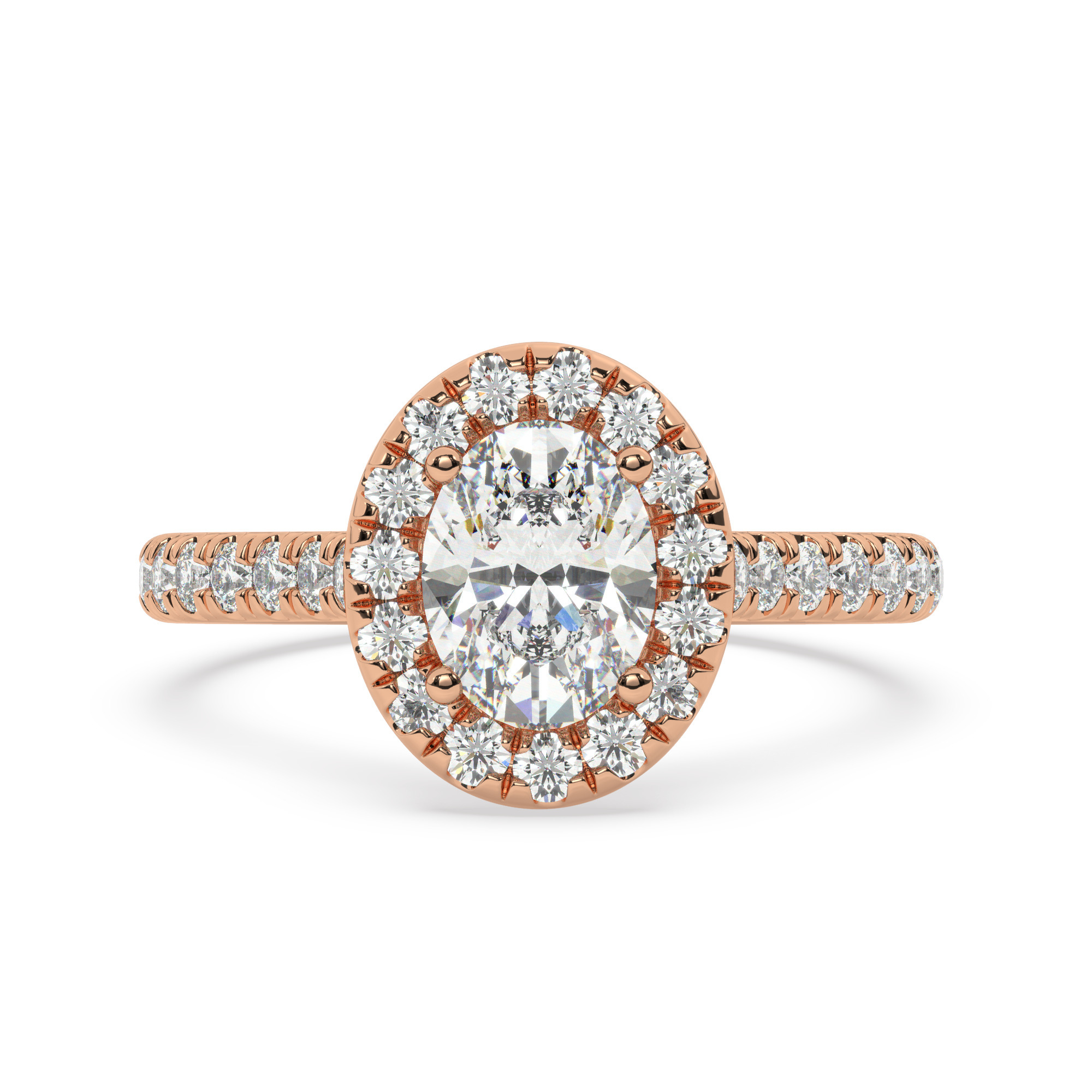 טבעת אירוסין היילו דגם 50026 כסף מצופה זהב אדום רוזגולד במרכז זירקוניה 0.50 קראט בחיתוך אובל מסביב ובצדדים זירקונים בחיתוך עגול – תמונה 2