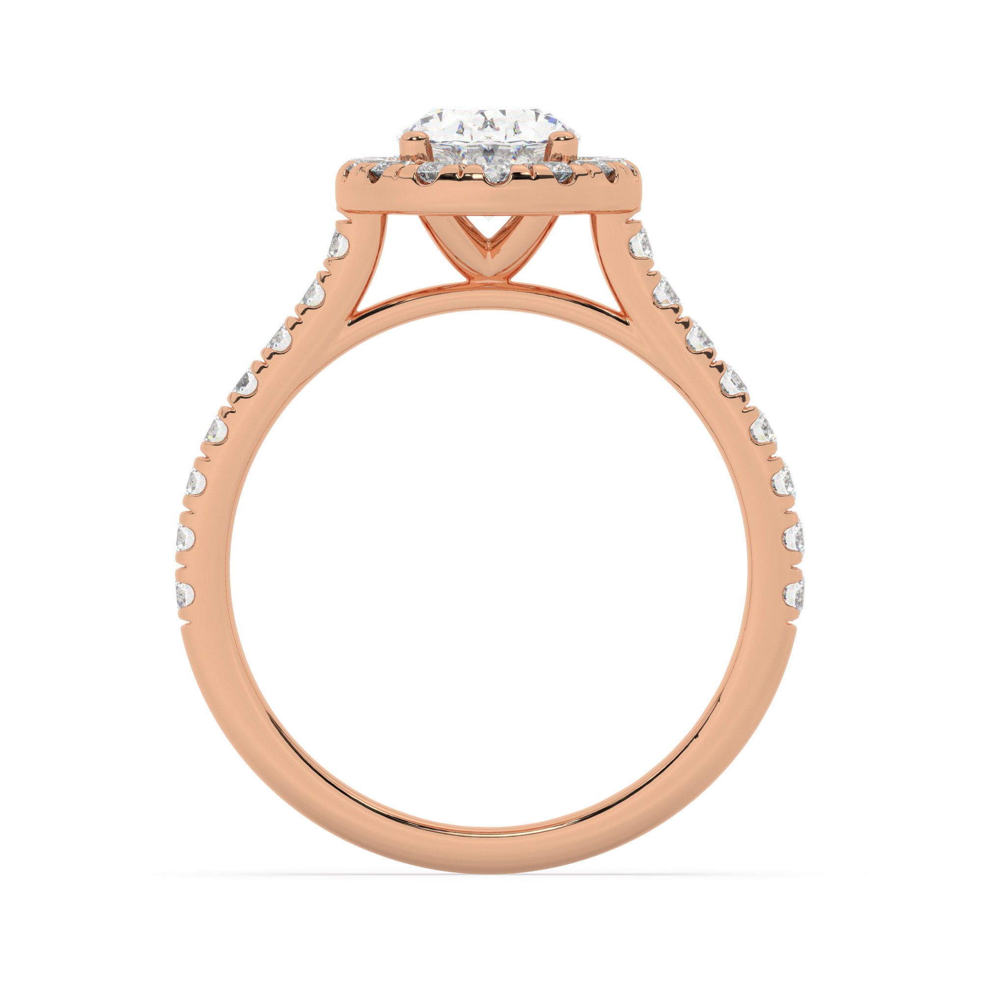 טבעת אירוסין היילו דגם 50026 זהב אדום רוזגולד 14 קראט במרכז יהלום טבעי 0.75 קראט בחיתוך אובל עם תעודה גמולוגית מסביב ובצדדים יהלומים טבעים במשקל כולל של 0.58 קראט בחיתוך עגול – תמונה 4