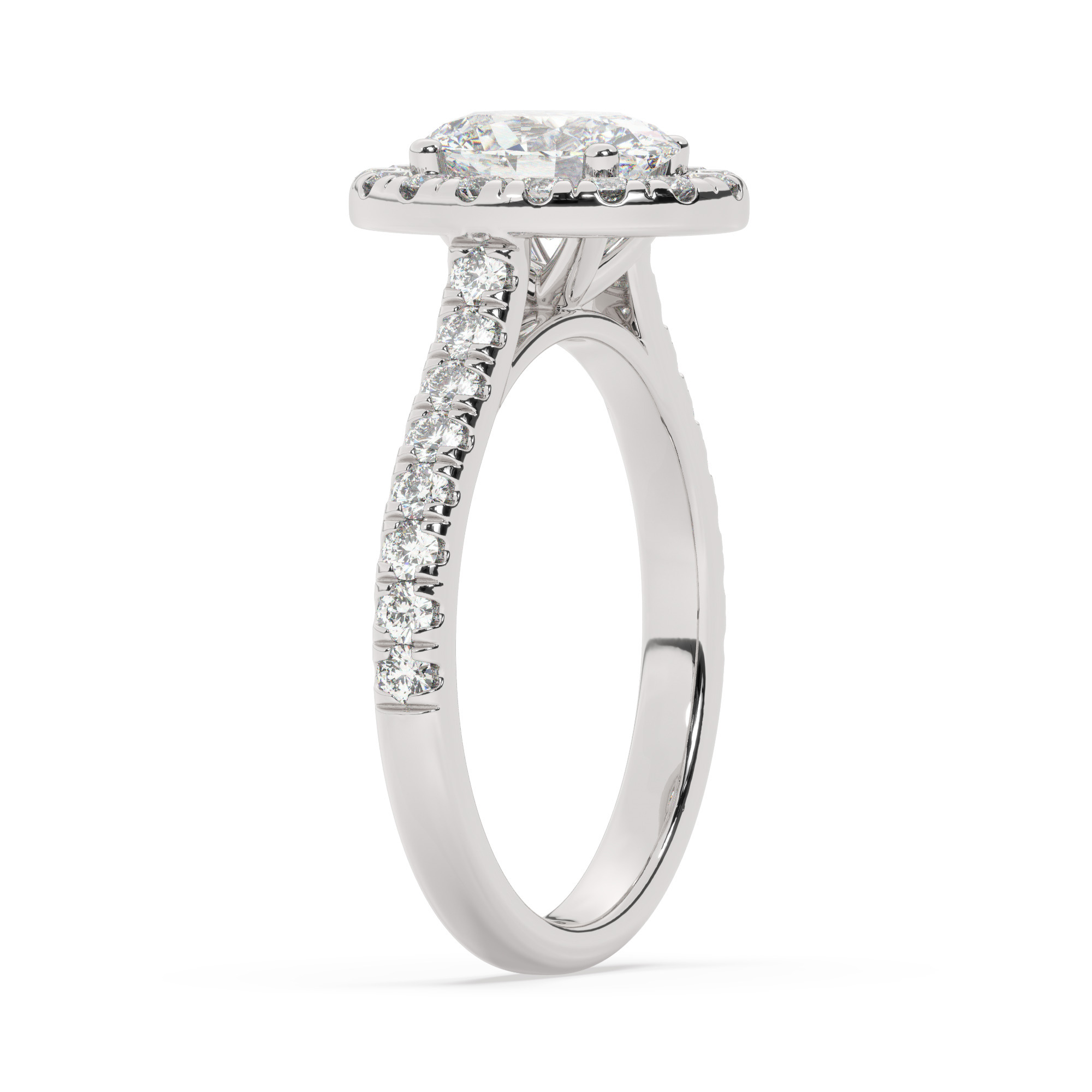 טבעת אירוסין היילו דגם 50026 זהב לבן 14 קראט במרכז יהלום טבעי 0.75 קראט בחיתוך אובל עם תעודה גמולוגית מסביב ובצדדים יהלומים טבעים במשקל כולל של 0.58 קראט בחיתוך עגול – תמונה 4