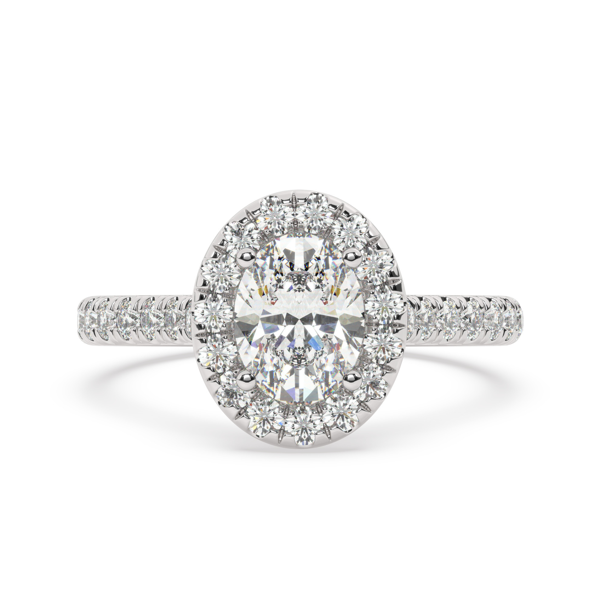 טבעת אירוסין היילו דגם 50026 זהב לבן 14 קראט במרכז יהלום טבעי 0.75 קראט בחיתוך אובל עם תעודה גמולוגית מסביב ובצדדים יהלומים טבעים במשקל כולל של 0.58 קראט בחיתוך עגול – תמונה 2