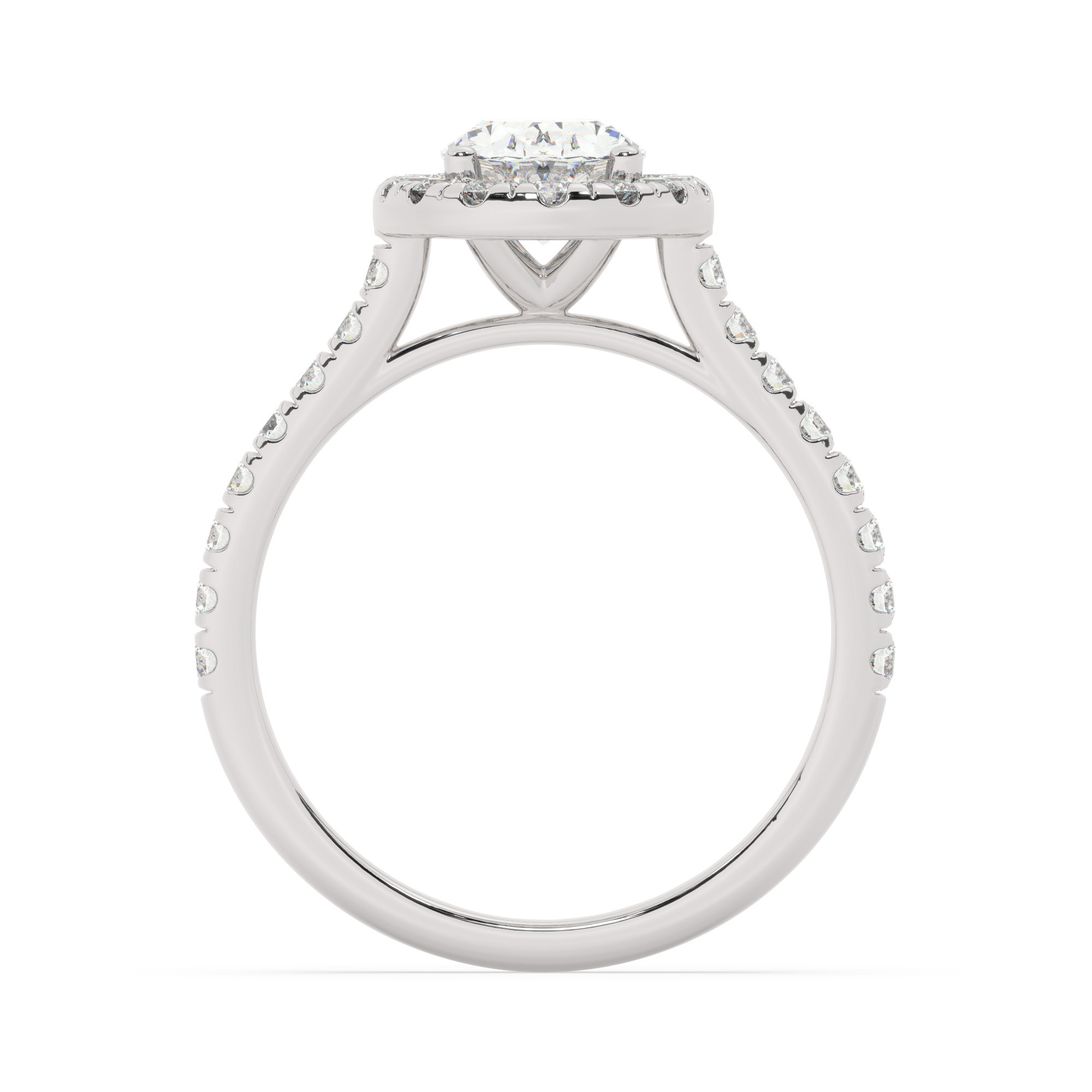 טבעת אירוסין היילו דגם 50026 זהב לבן 14 קראט במרכז זירקוניה 0.75 קראט בחיתוך אובל מסביב ובצדדים זירקונים בחיתוך עגול – תמונה 3