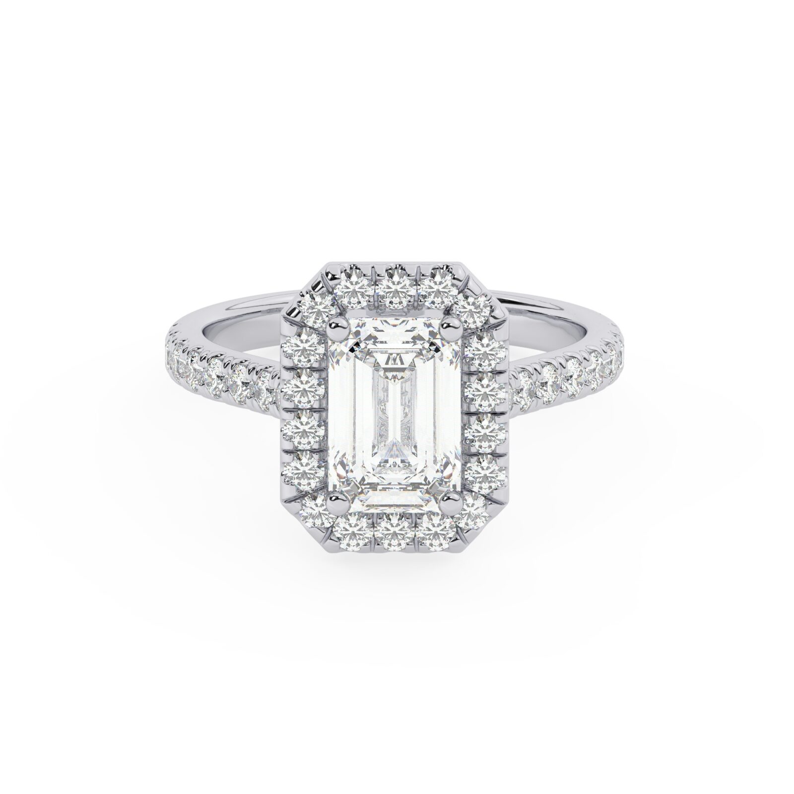 ⁦טבעת אירוסין היילו דגם 50026 זהב לבן 14 קראט במרכז זירקוניה 1 קראט בחיתוך אמרלד מסביב ובצדדים זירקונים בחיתוך עגול⁩ – תמונה ⁦2⁩