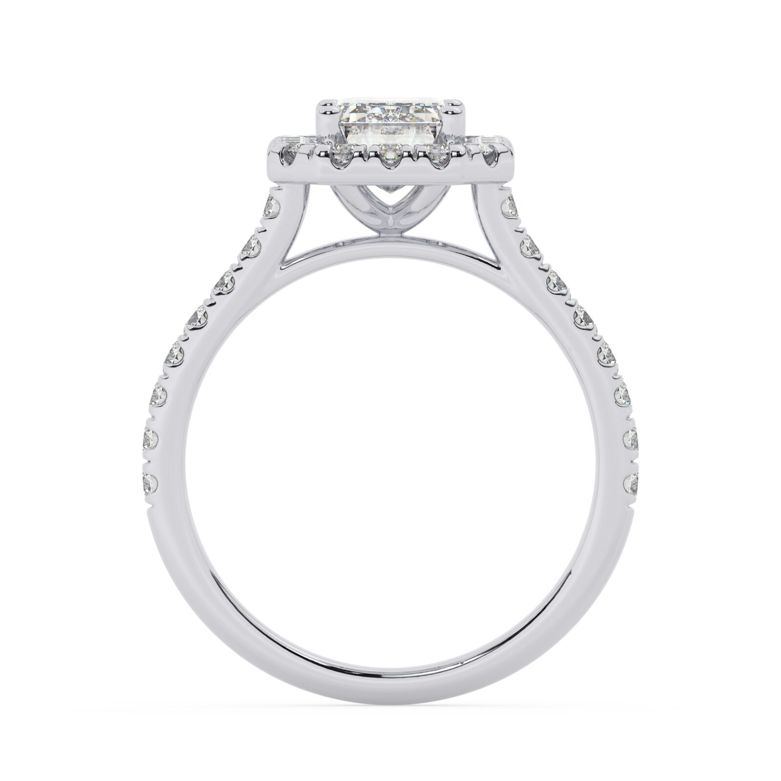 ⁦טבעת אירוסין היילו דגם 50026 זהב לבן 14 קראט במרכז זירקוניה 1 קראט בחיתוך אמרלד מסביב ובצדדים זירקונים בחיתוך עגול⁩ – תמונה ⁦3⁩