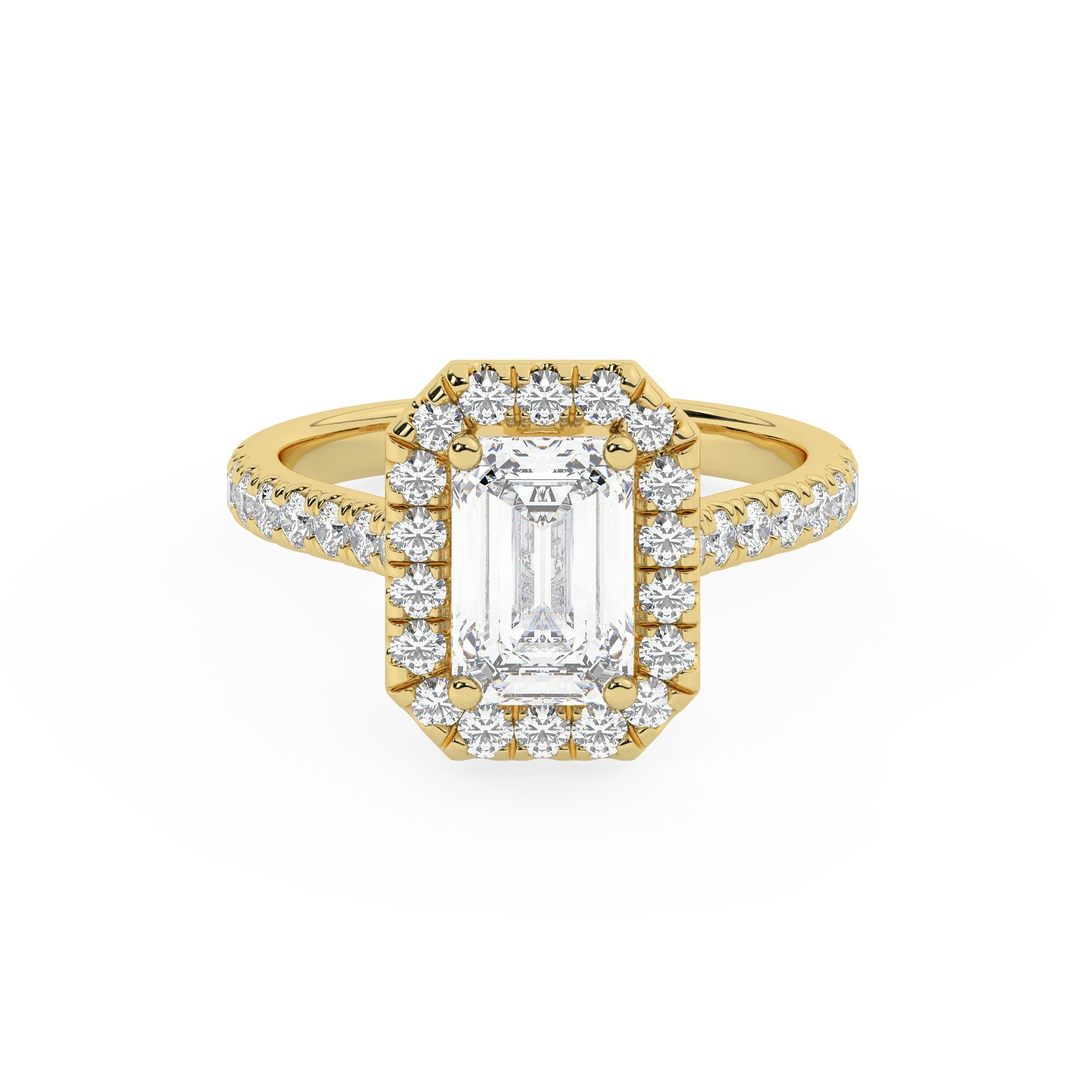 טבעת אירוסין היילו דגם 50026 זהב צהוב 14 קראט במרכז יהלום מעבדה 1.50 קראט בחיתוך אמרלד עם תעודה גמולוגית אירופאית IGI מסביב ובצדדים יהלומי מעבדה במשקל כולל של 0.62 קראט בחיתוך עגול – תמונה 2