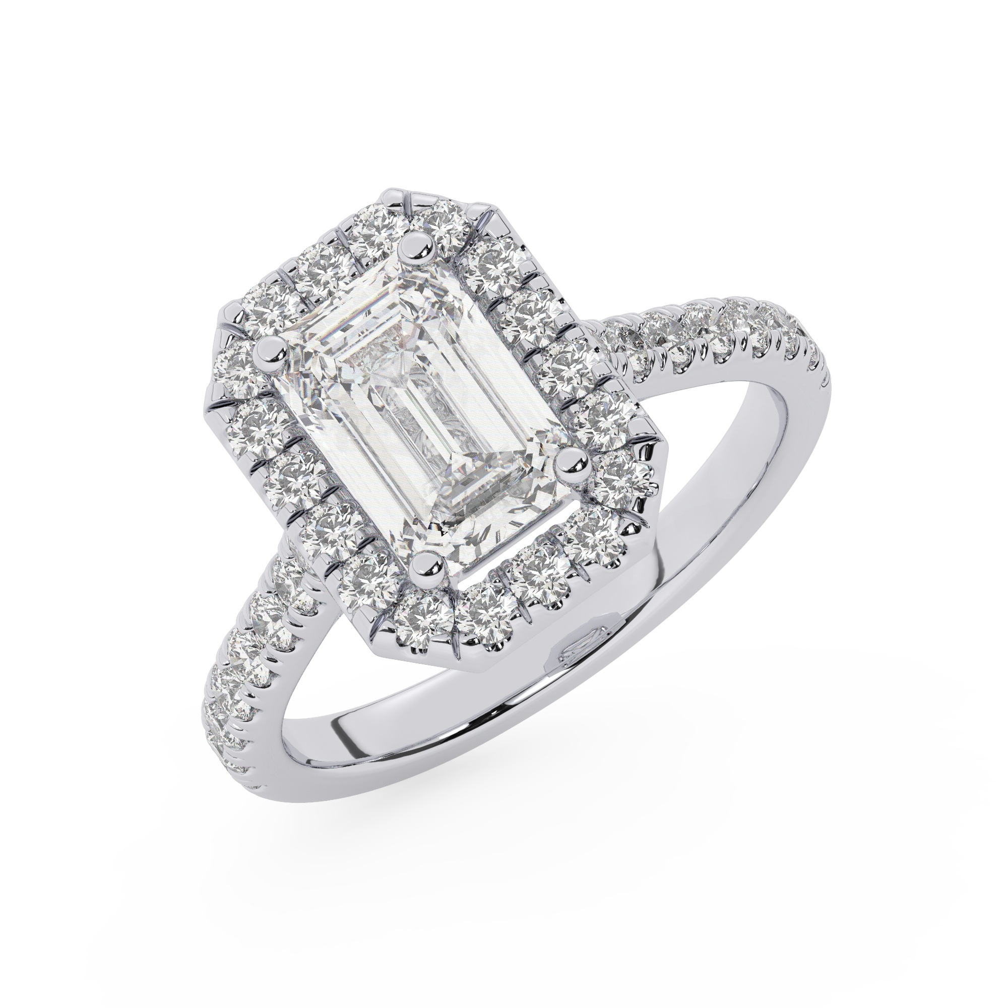 טבעת אירוסין היילו דגם 50026 כסף מצופה זהב לבן במרכז זירקוניה 0.50 קראט בחיתוך אמרלד מסביב ובצדדים זירקונים בחיתוך עגול