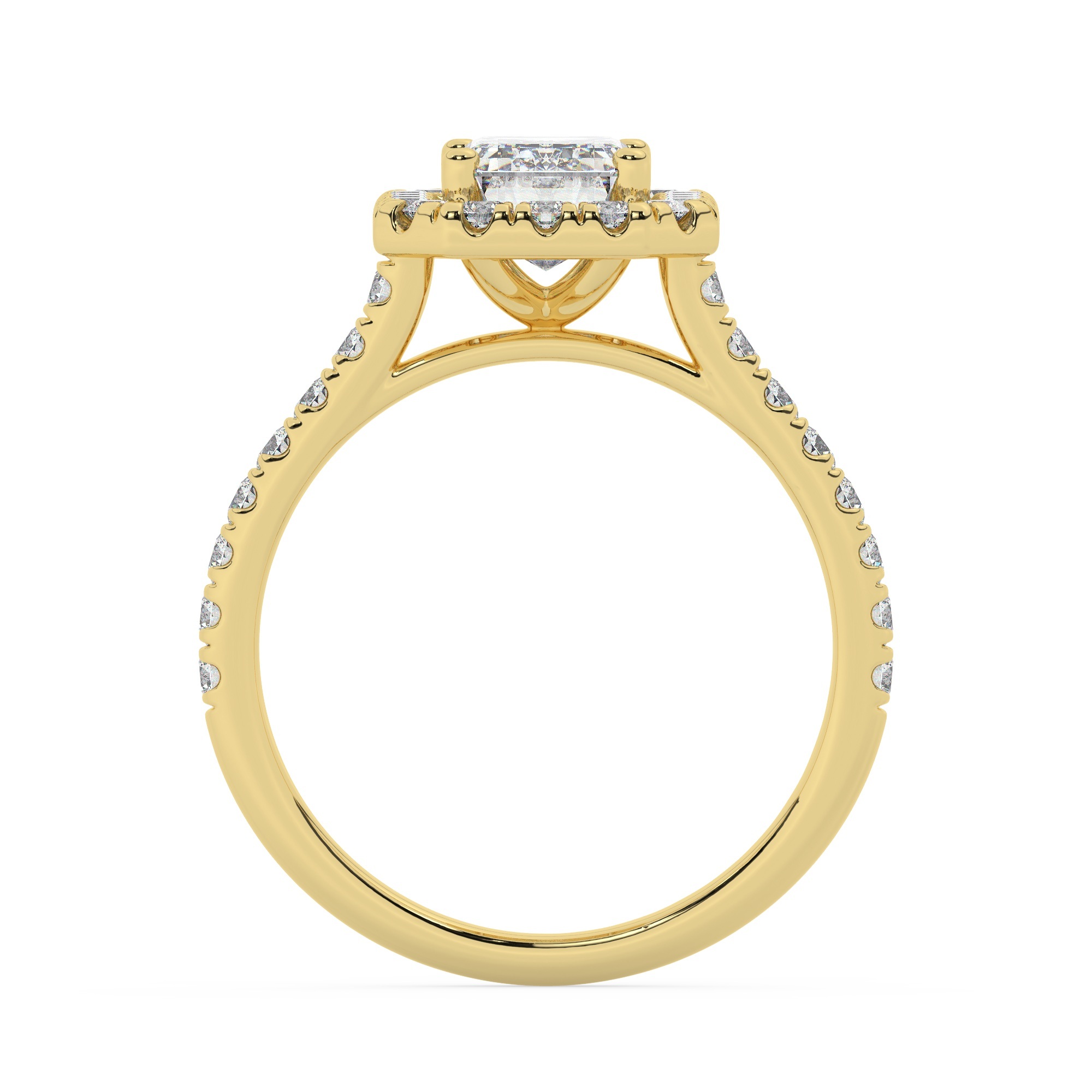 טבעת אירוסין היילו דגם 50026 זהב צהוב 14 קראט במרכז זירקוניה 0.75 קראט בחיתוך אמרלד מסביב ובצדדים זירקונים בחיתוך עגול – תמונה 3