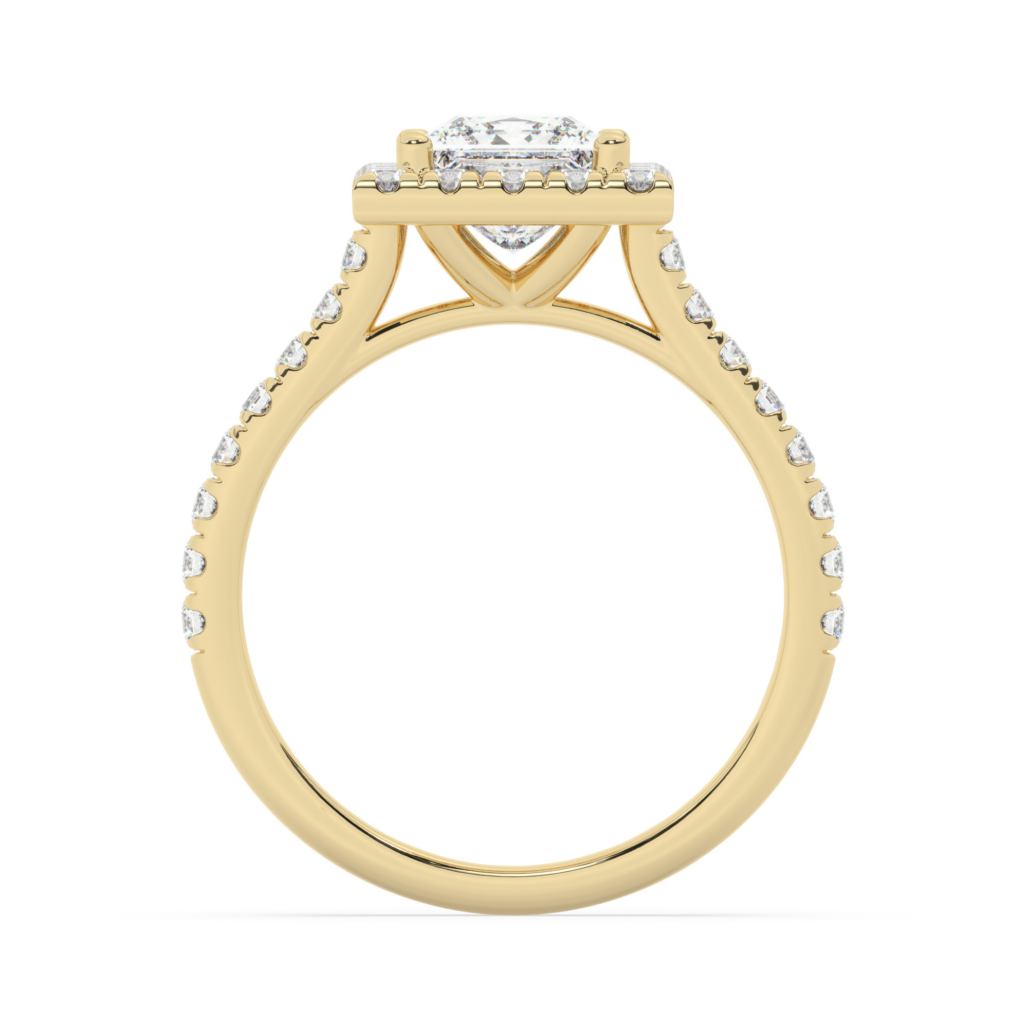 טבעת אירוסין היילו דגם 50026 זהב צהוב 14 קראט במרכז זירקוניה 1.50 קראט בחיתוך פרינסס מסביב ובצדדים זירקונים בחיתוך עגול – תמונה 3