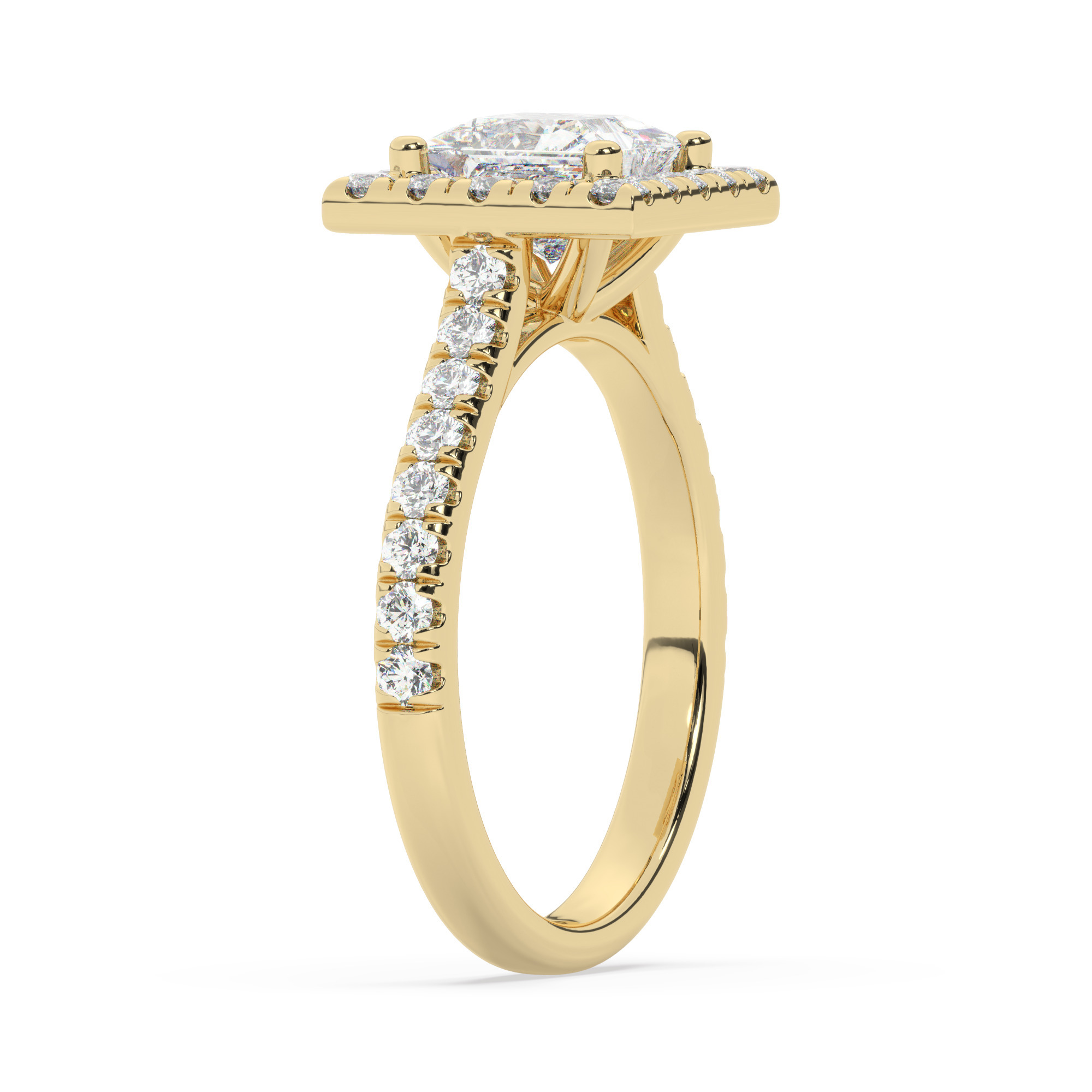 טבעת אירוסין היילו דגם 50026 זהב צהוב 14 קראט במרכז זירקוניה 2 קראט בחיתוך פרינסס מסביב ובצדדים זירקונים בחיתוך עגול – תמונה 4