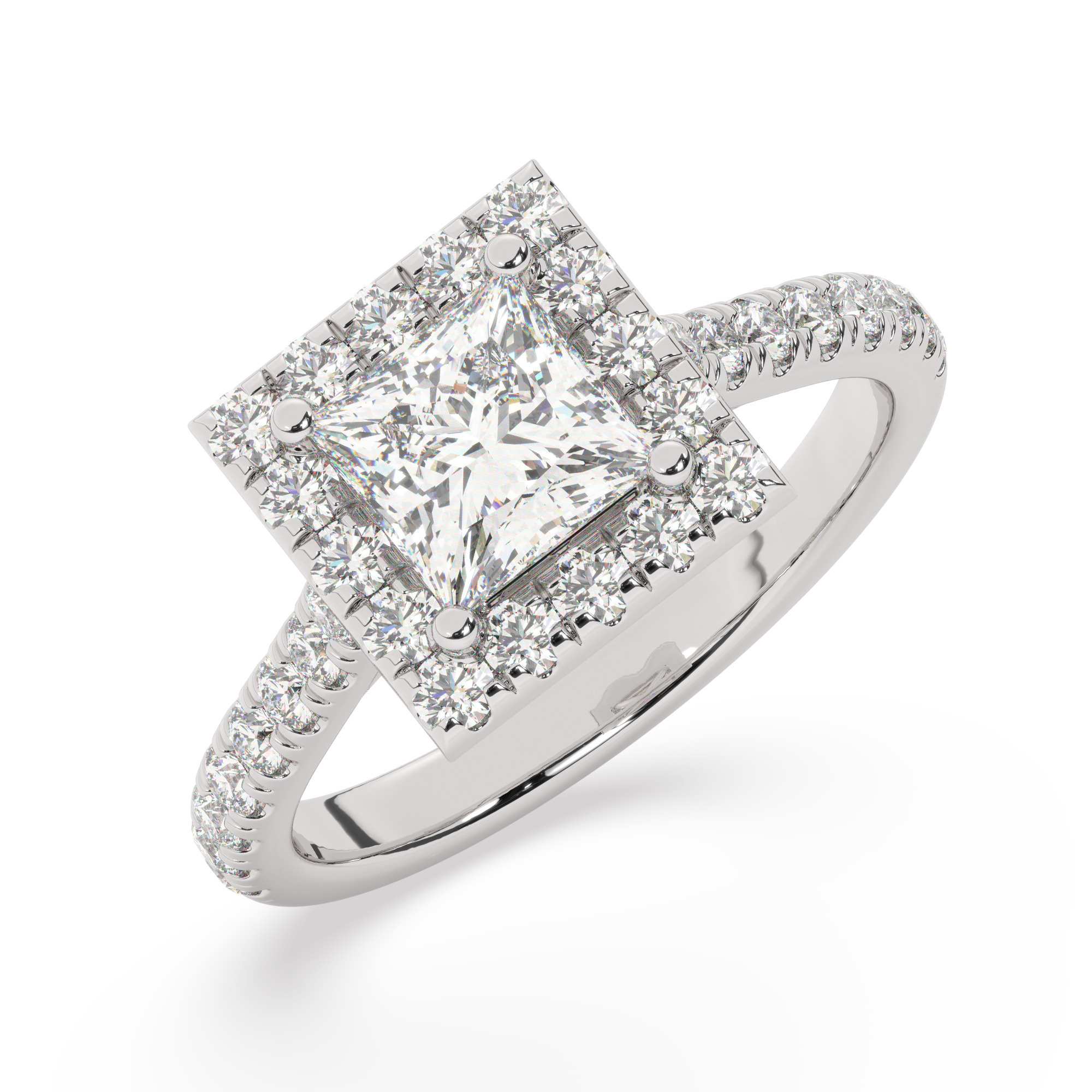 טבעת אירוסין היילו דגם 50026 זהב לבן 14 קראט במרכז זירקוניה 2 קראט בחיתוך פרינסס מסביב ובצדדים זירקונים בחיתוך עגול