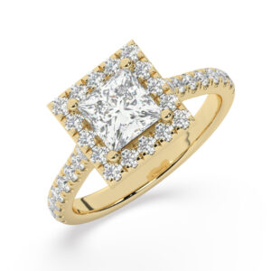 טבעת אירוסין היילו דגם 50026 כסף מצופה זהב צהוב במרכז זירקוניה 5 קראט בחיתוך פרינסס מסביב ובצדדים זירקונים בחיתוך עגול