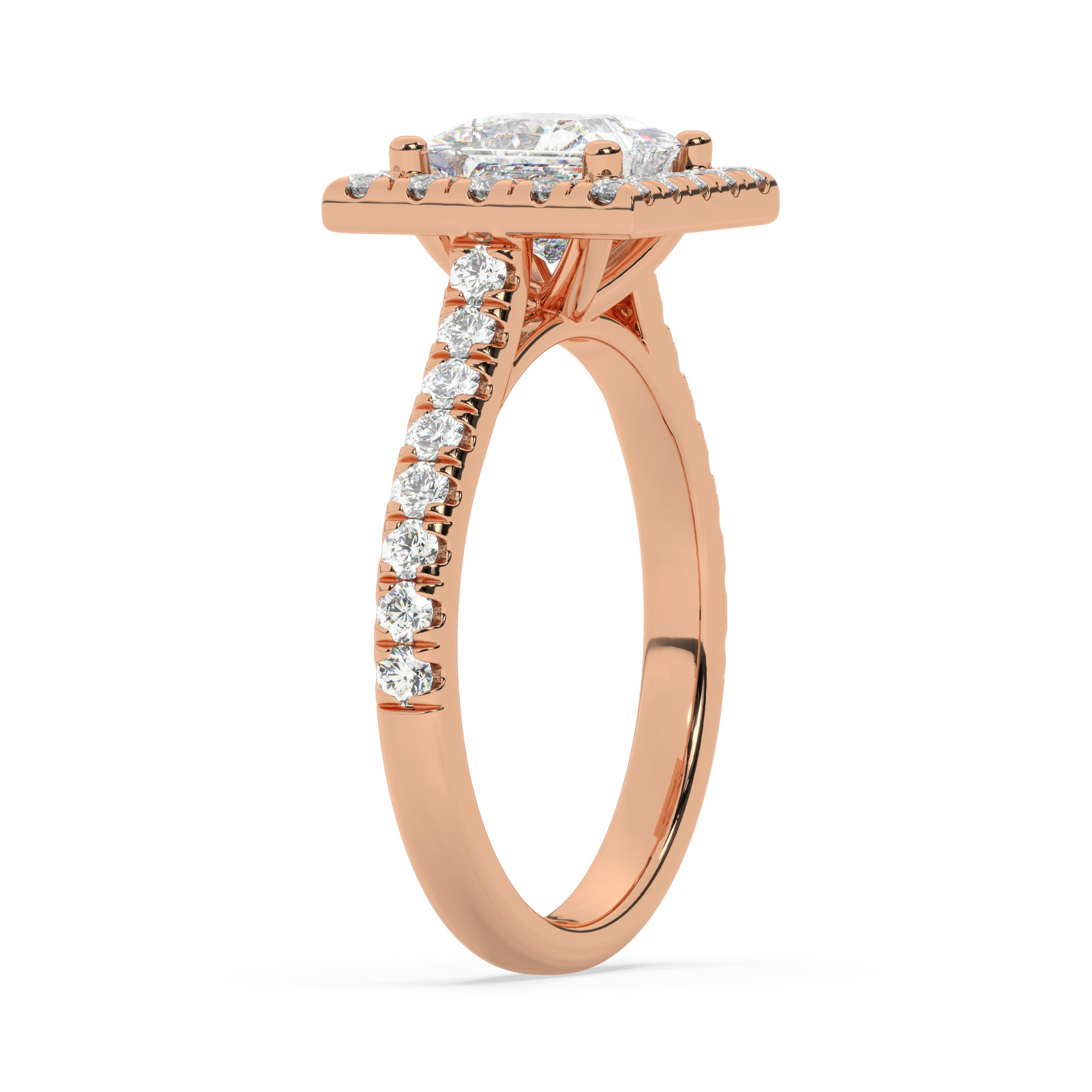 טבעת אירוסין היילו דגם 50026 זהב אדום רוזגולד 14 קראט במרכז זירקוניה 0.75 קראט בחיתוך פרינסס מסביב ובצדדים זירקונים בחיתוך עגול – תמונה 4