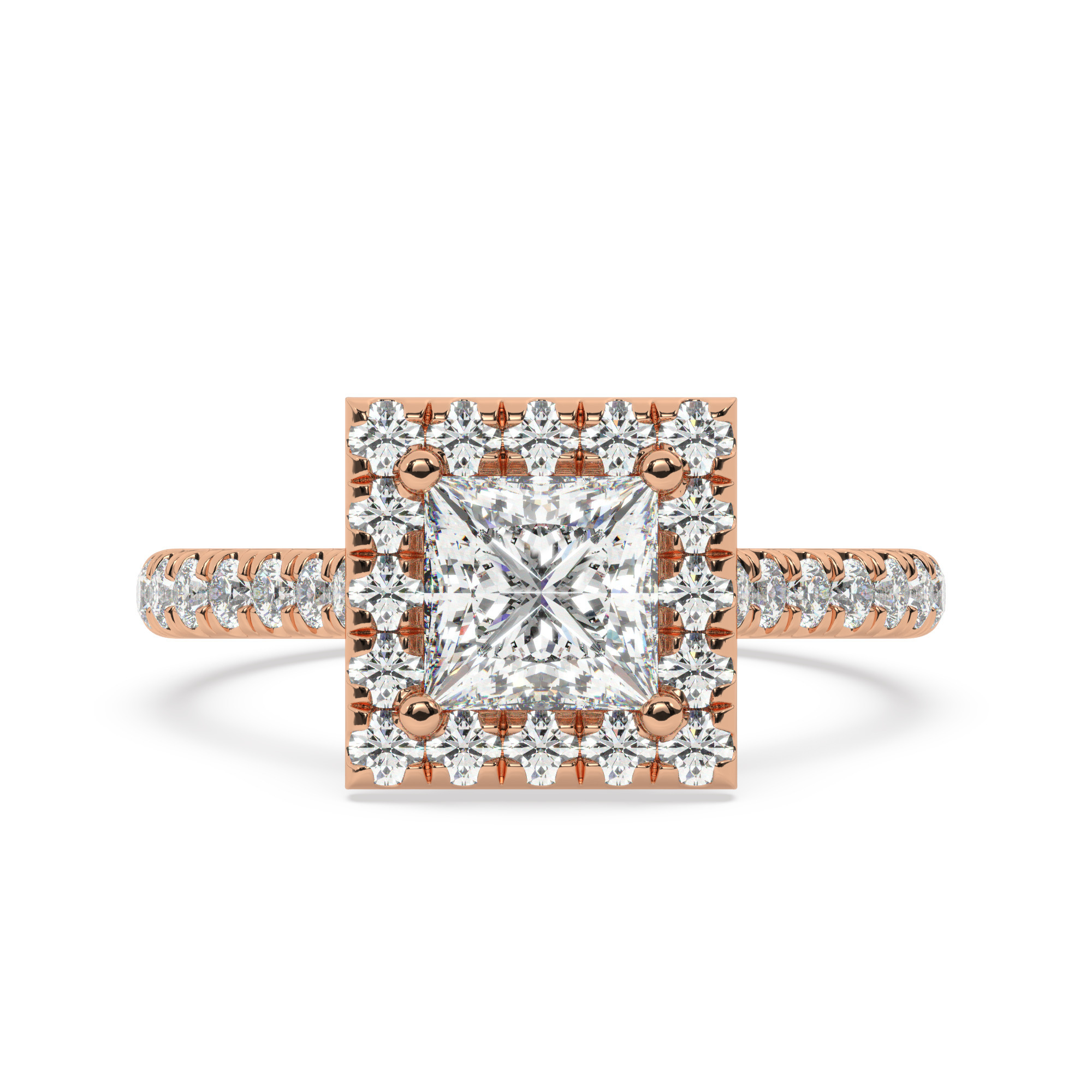 טבעת אירוסין היילו דגם 50026 זהב אדום רוזגולד 14 קראט במרכז זירקוניה 0.75 קראט בחיתוך פרינסס מסביב ובצדדים זירקונים בחיתוך עגול – תמונה 2