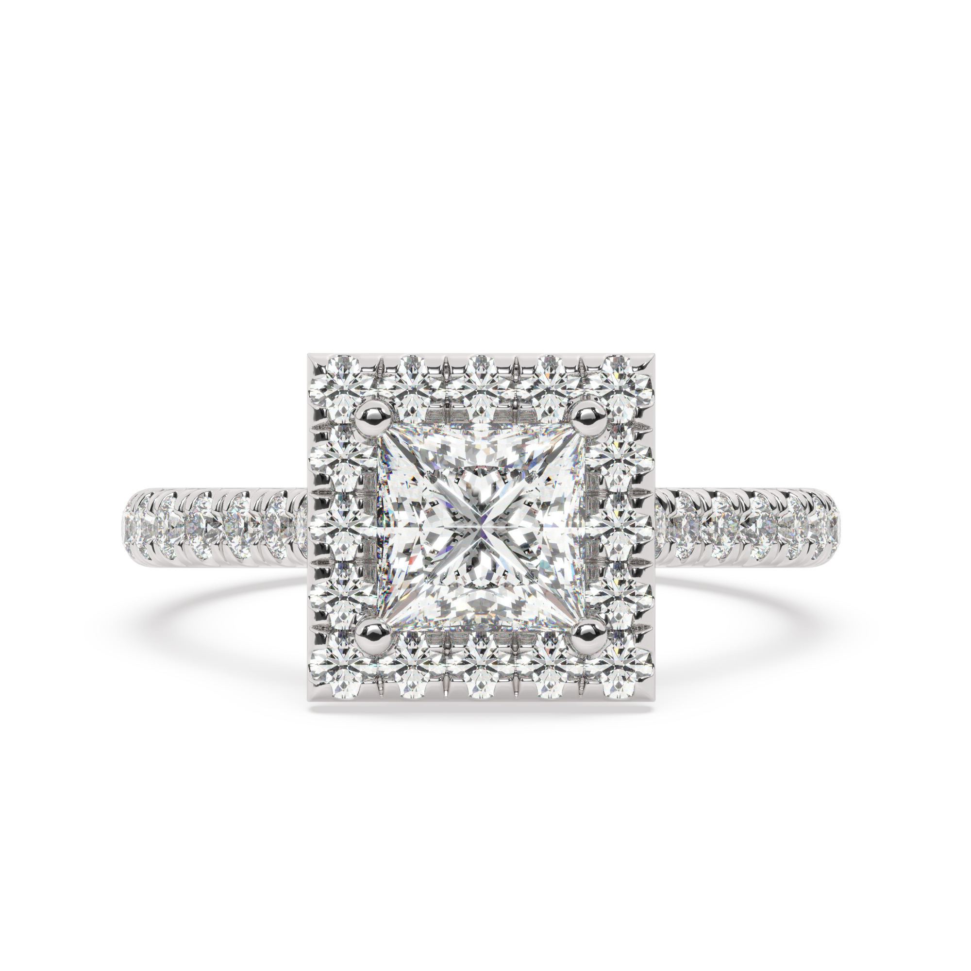 טבעת אירוסין היילו דגם 50026 זהב לבן 14 קראט במרכז יהלום טבעי 0.75 קראט בחיתוך פרינסס עם תעודה גמולוגית מסביב ובצדדים יהלומים טבעים במשקל כולל של 0.58 קראט בחיתוך עגול – תמונה 2