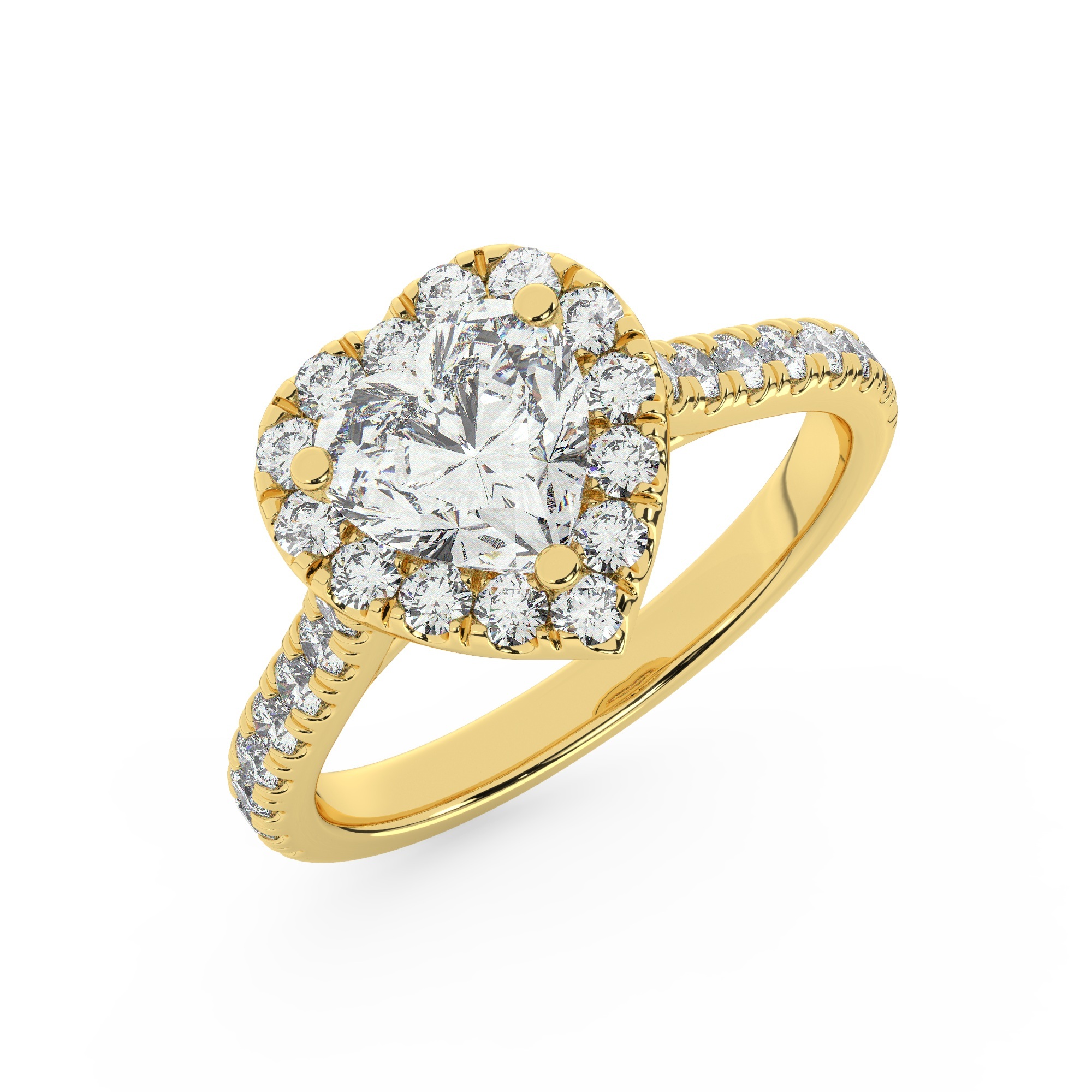 טבעת אירוסין היילו דגם 50026 זהב צהוב 14 קראט במרכז זירקוניה 1 קראט בחיתוך לב מסביב ובצדדים זירקונים בחיתוך עגול