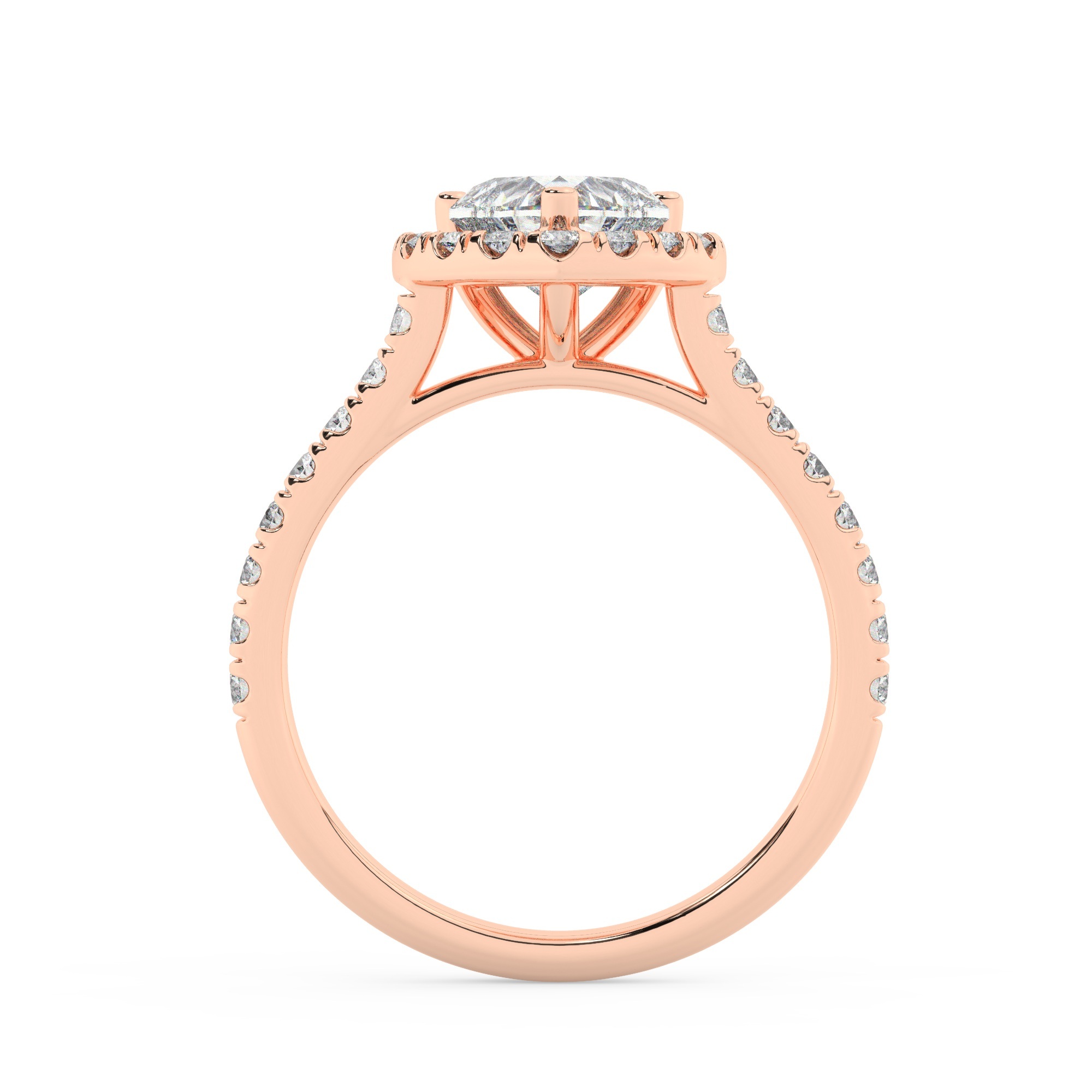 טבעת אירוסין היילו דגם 50026 כסף מצופה זהב אדום רוזגולד במרכז זירקוניה 1.50 קראט בחיתוך לב מסביב ובצדדים זירקונים בחיתוך עגול – תמונה 3