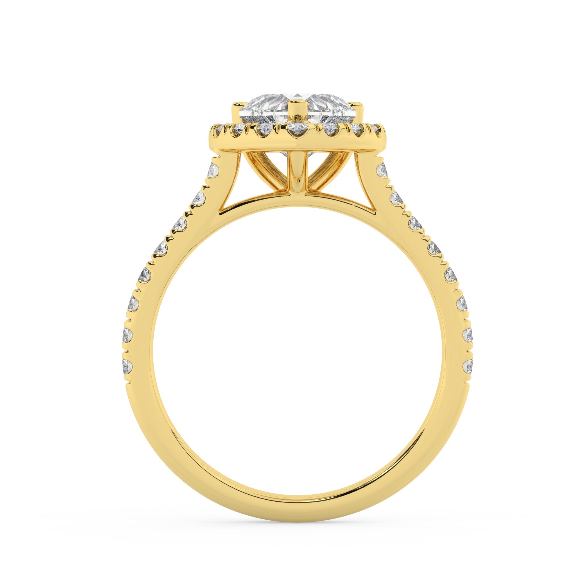 טבעת אירוסין היילו דגם 50026 זהב צהוב 14 קראט במרכז זירקוניה 1.50 קראט בחיתוך לב מסביב ובצדדים זירקונים בחיתוך עגול – תמונה 3