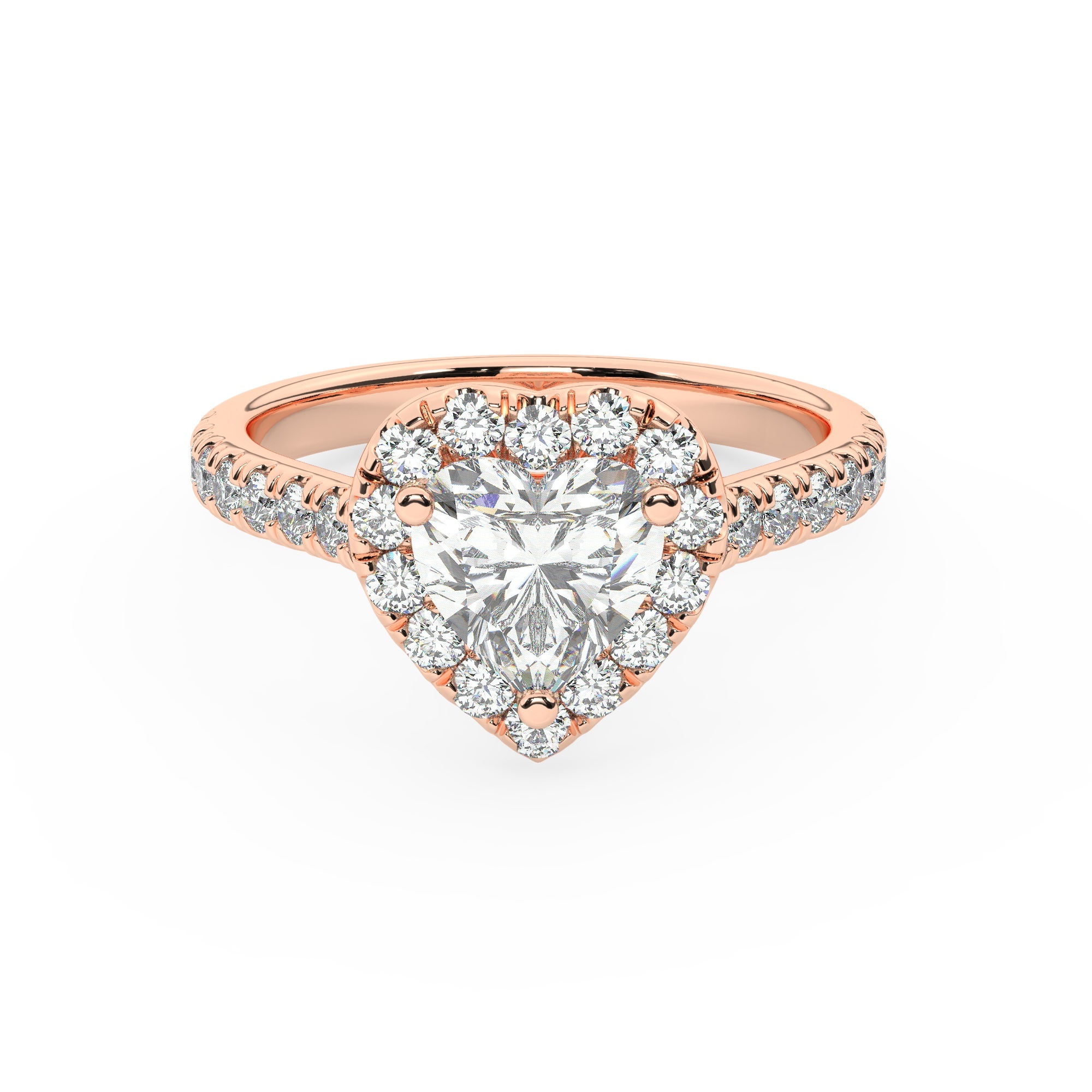 טבעת אירוסין היילו דגם 50026 זהב אדום רוזגולד 14 קראט במרכז זירקוניה 4 קראט בחיתוך לב מסביב ובצדדים זירקונים בחיתוך עגול – תמונה 2