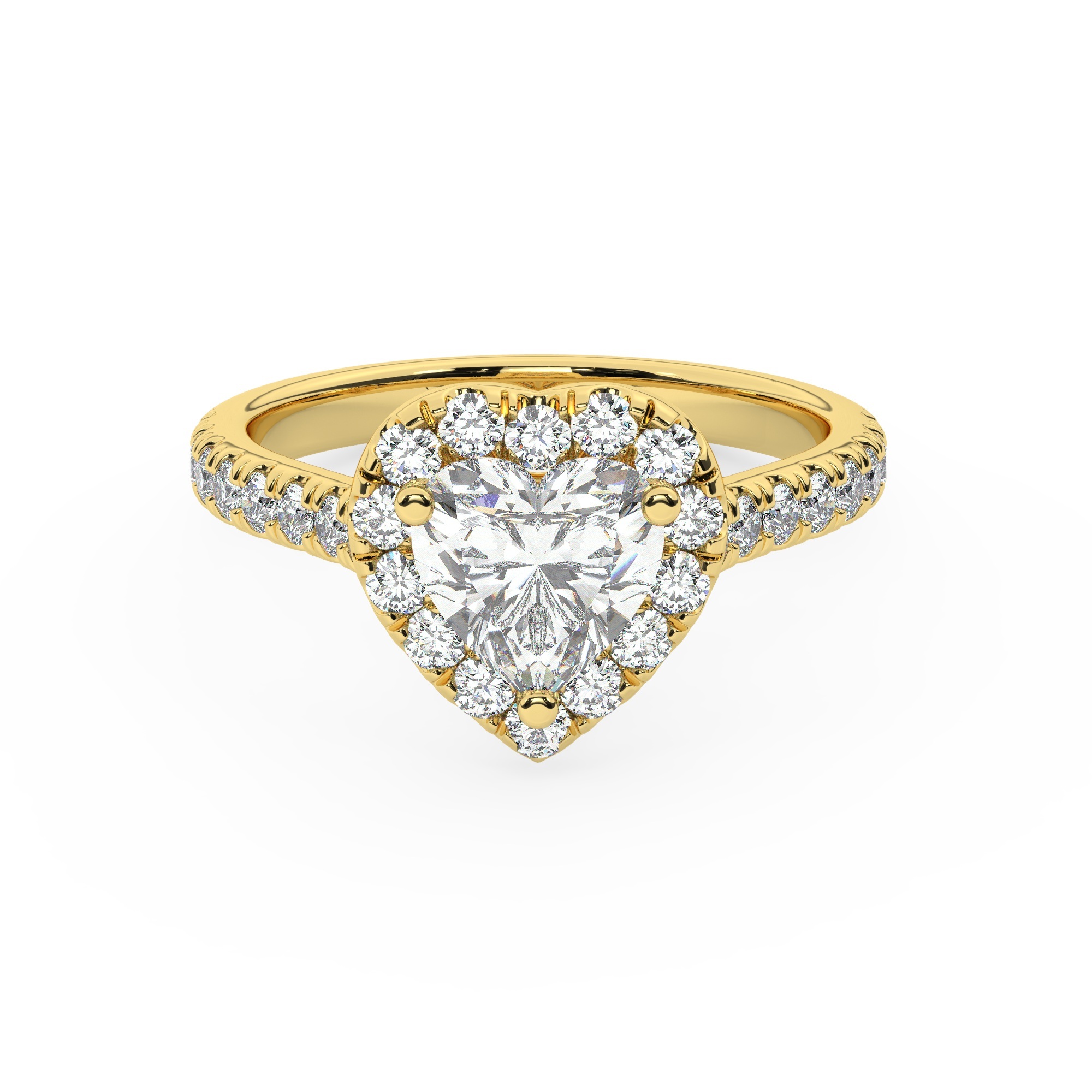 טבעת אירוסין היילו דגם 50026 זהב צהוב 14 קראט במרכז זירקוניה 0.75 קראט בחיתוך לב מסביב ובצדדים זירקונים בחיתוך עגול – תמונה 2